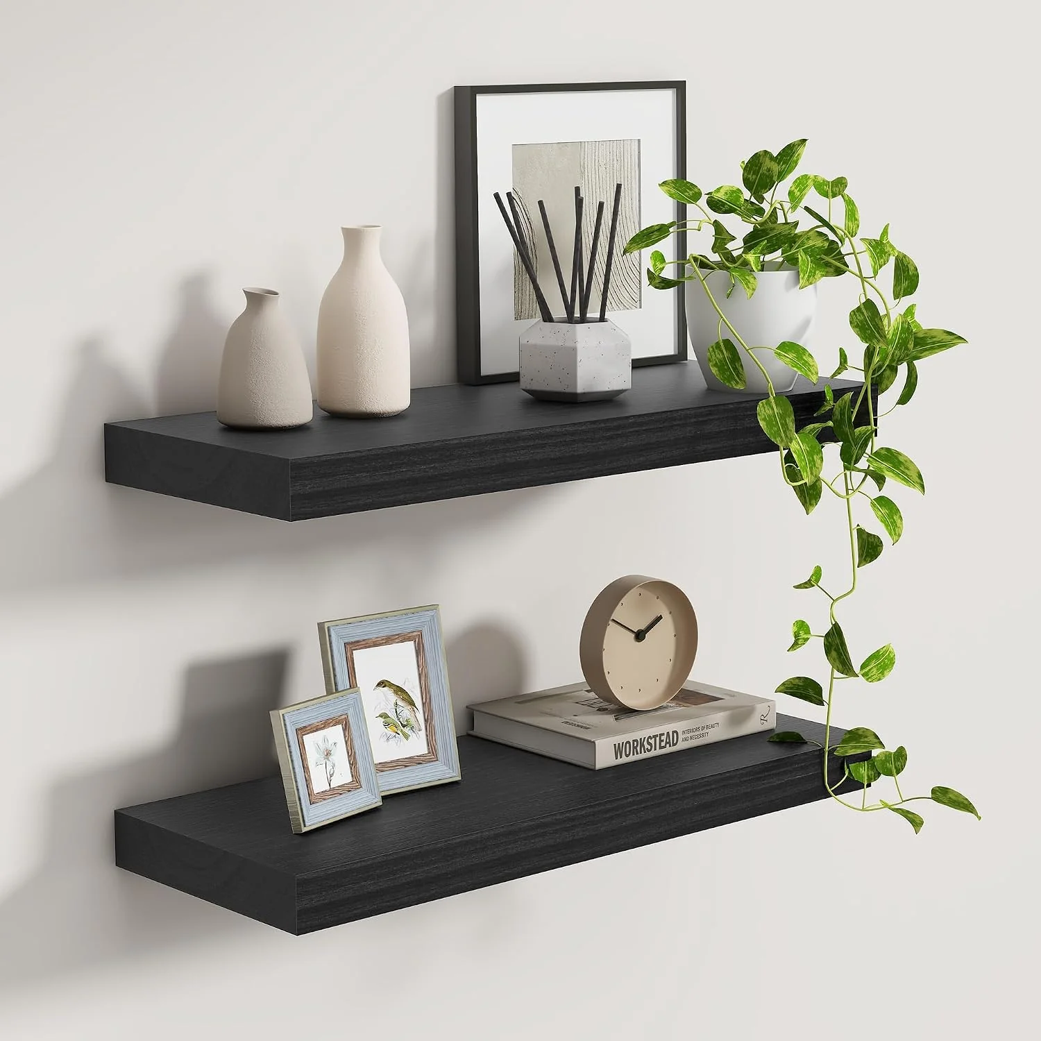 Reliable Black Floating Shelves 24 Inch Long 9.3 Inch Deep Floating Shelves for Wall Rustic Solid Wood Shelves Deep Wall Shelves for Living Room Bedroom Kitchen 24 W x 9.3 D x 1.6 H Set of 2 Long-Lasting