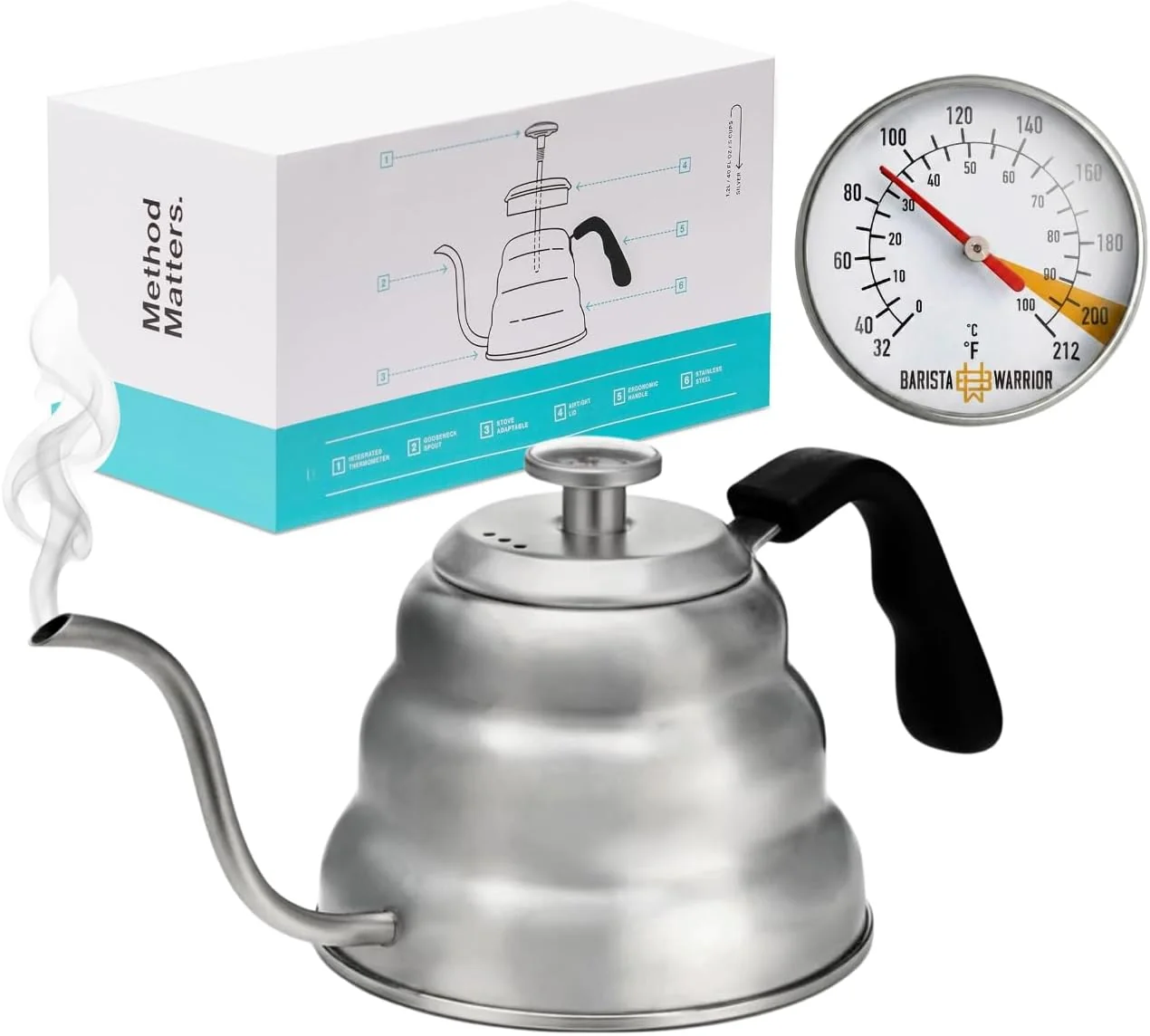 Consistent Barista Warrior Gooseneck Kettle with Thermometer – 1L Pour Over Coffee amp Tea Kettle 18 8 Stainless Steel Gooseneck Kettle Pot Precision Pour Drip Spout Suitable for All-Stoves 34 fl oz Excellent