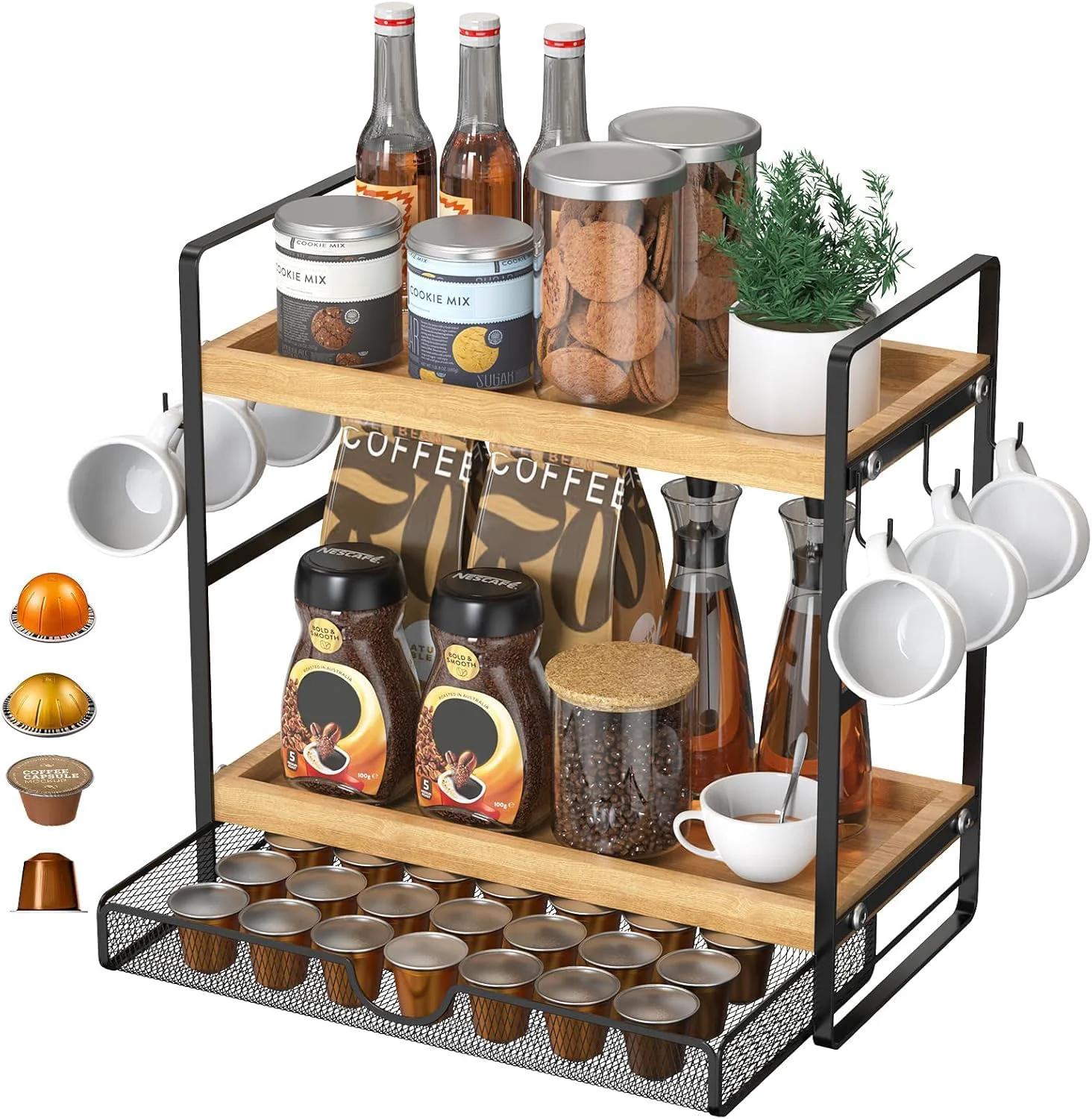 Convenient Lemikkle 2-Tier Coffee Station Organizer with Pod Holder and Drawer Kitchen Countertop Organizer Durable