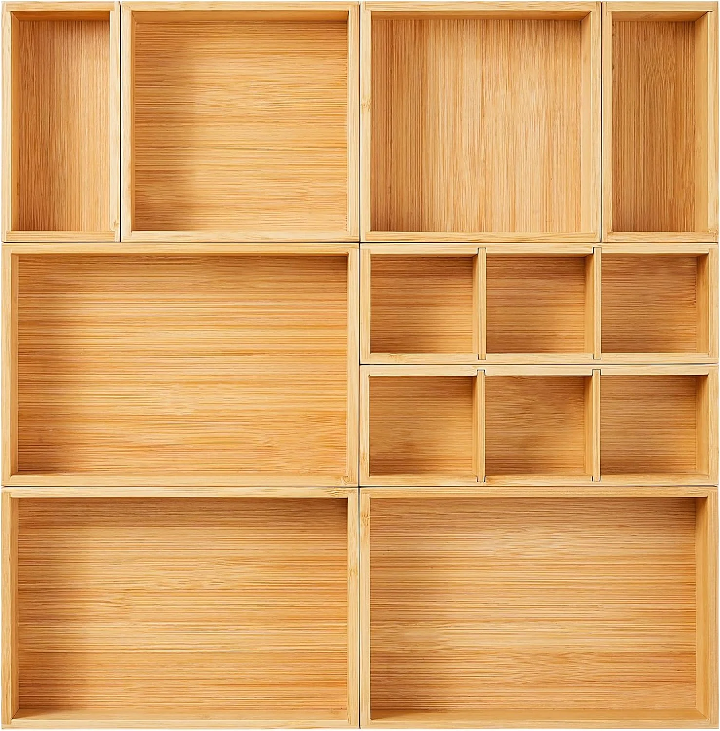 First-Class Fabsome Drawer Organizer Set of 9 Bamboo Wood Kitchen Makeup Desk Junk Tea Drawer Storage Boxes Bins for Cutlery Silverware Utensils Flatware High-Grade