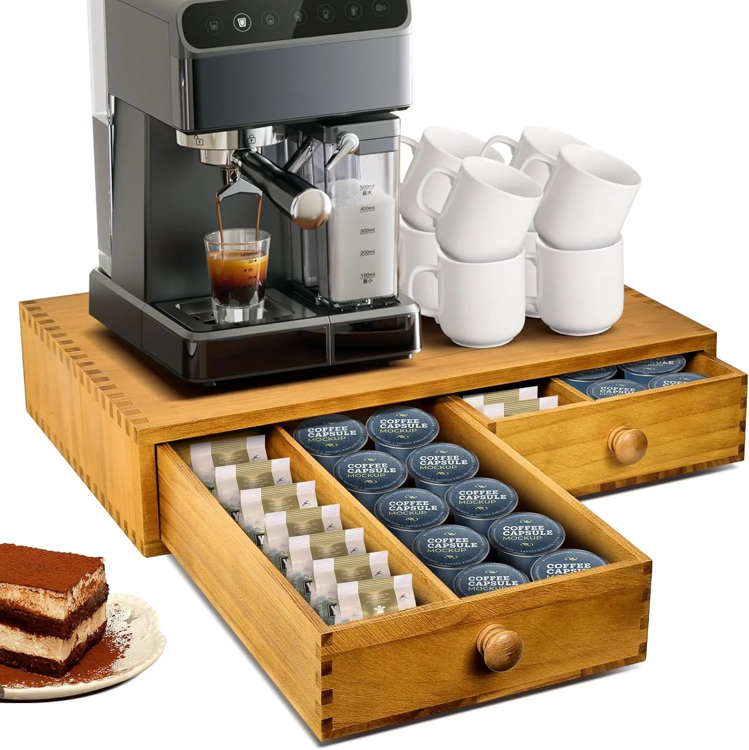 Smooth K Cup Storage Organizer Wood Coffee Pod and Tea Bag Holder Kcup Drawer Coffee Maker Stand Home Kitchen Counter Holds Up to 30 Pods Capacity Eco-Friendly