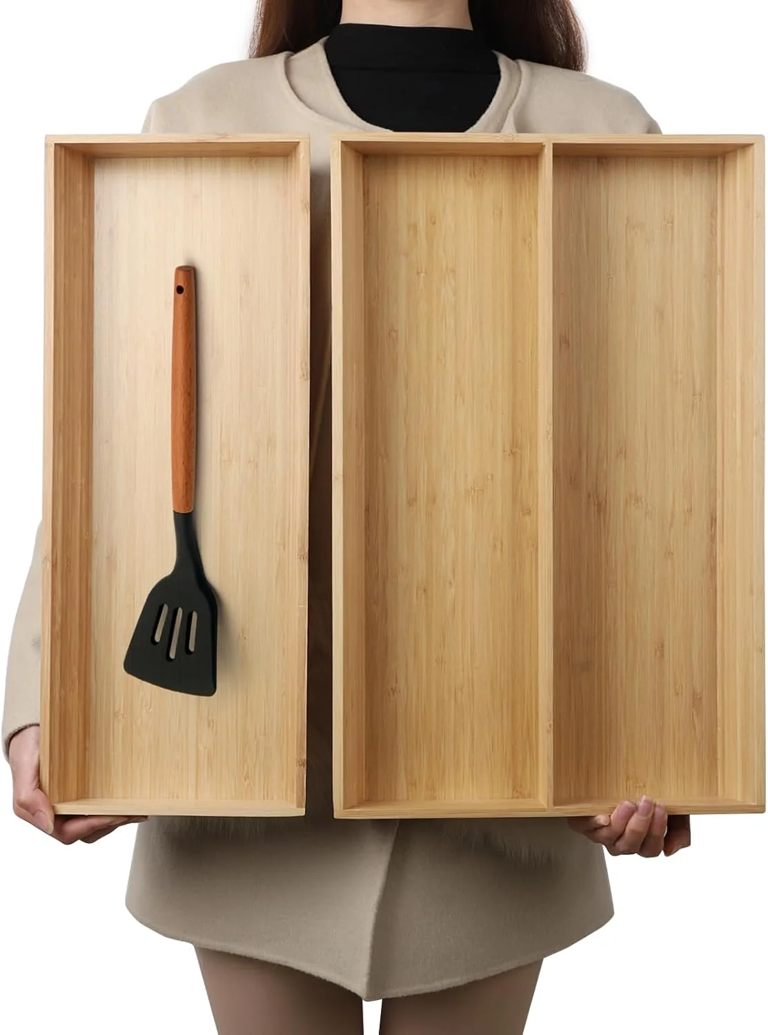 Original Design 2-Piece V-Shaped Bamboo Drawer Organizer – I for Kitchen’s Large Long Tableware Cooking Utensils Flatware Silverware Smooth