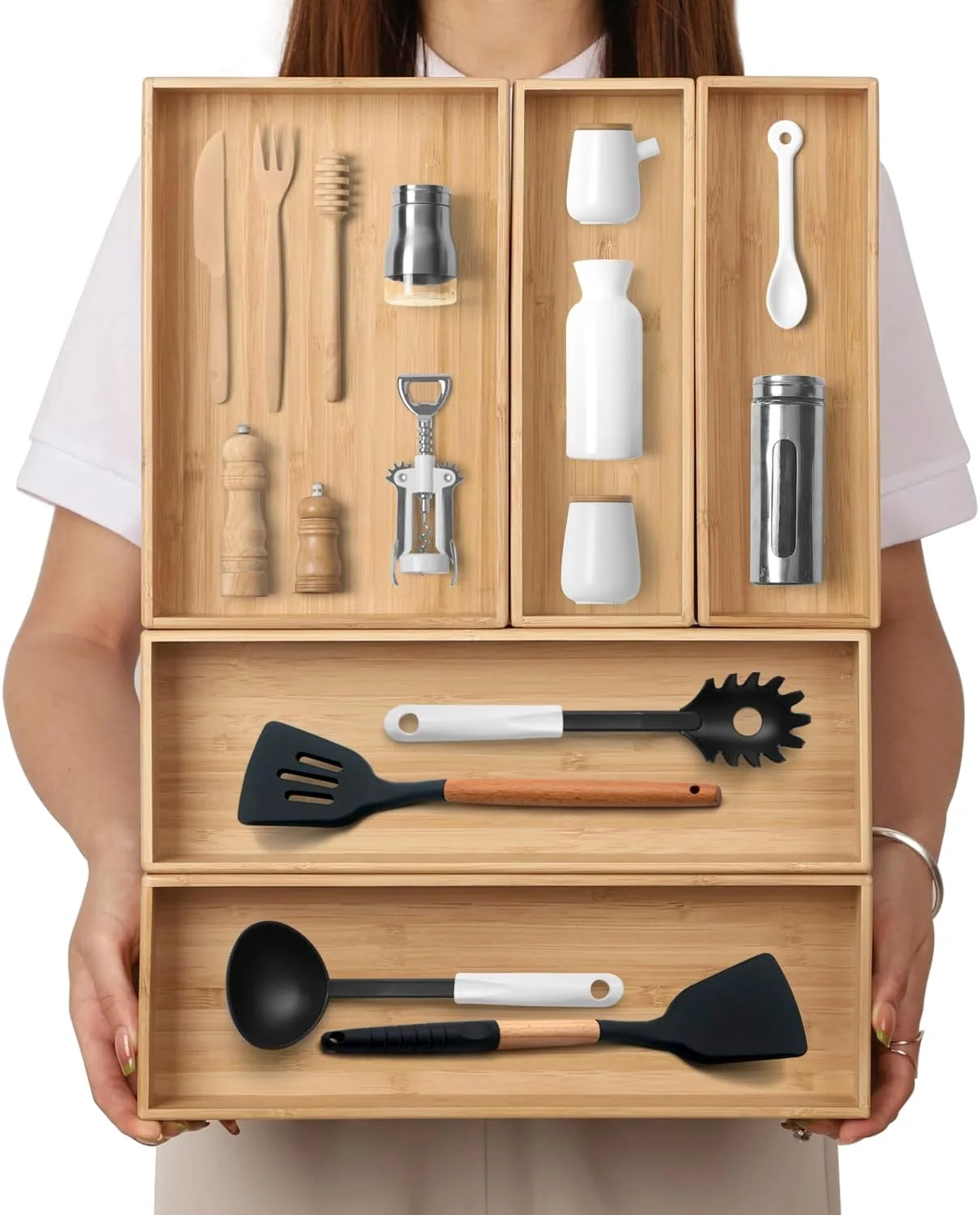 Trendy Stack Bamboo Drawer Organizer Set of 5 Kitchen Utensil Flatware Silverware Organizer-Wood Laminated Stackable for Kitchen Bedroom Exclusive