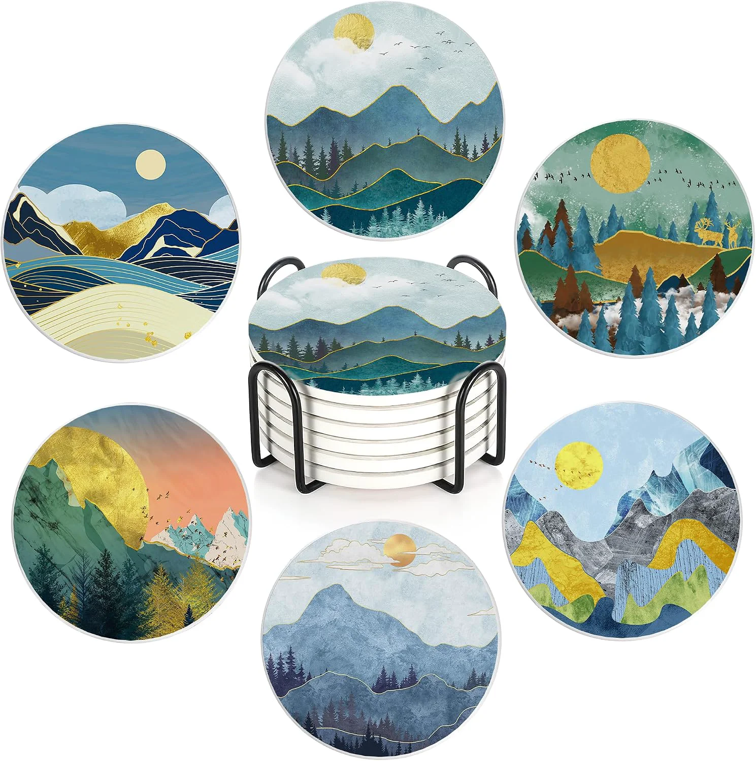 Powerful 6 Pcs Coasters for Drinks with Holder Abstract Mountain Sun Absorbent Ceramic Coasters with Cork Base Cute Funny Table Drinks Coasters Tabletop Protection Mat Table Home Decor 4 Inches Expertly Made
