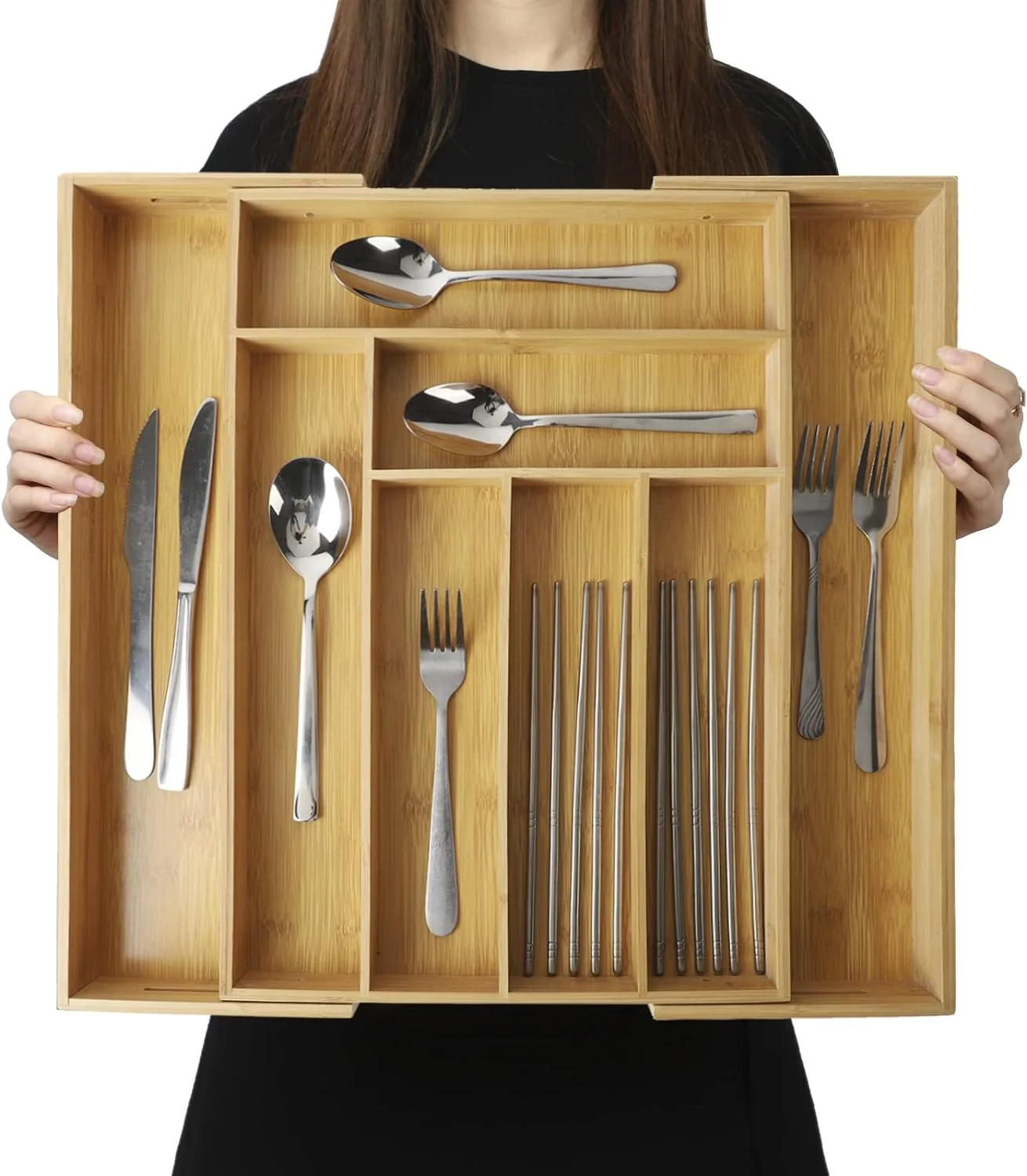 Breathable Expandable Bamboo Drawer Organizer – Large 20 x16.9 Size with Adjustable Dividers – for Kitchen Utensils Knives Cutlery Classic