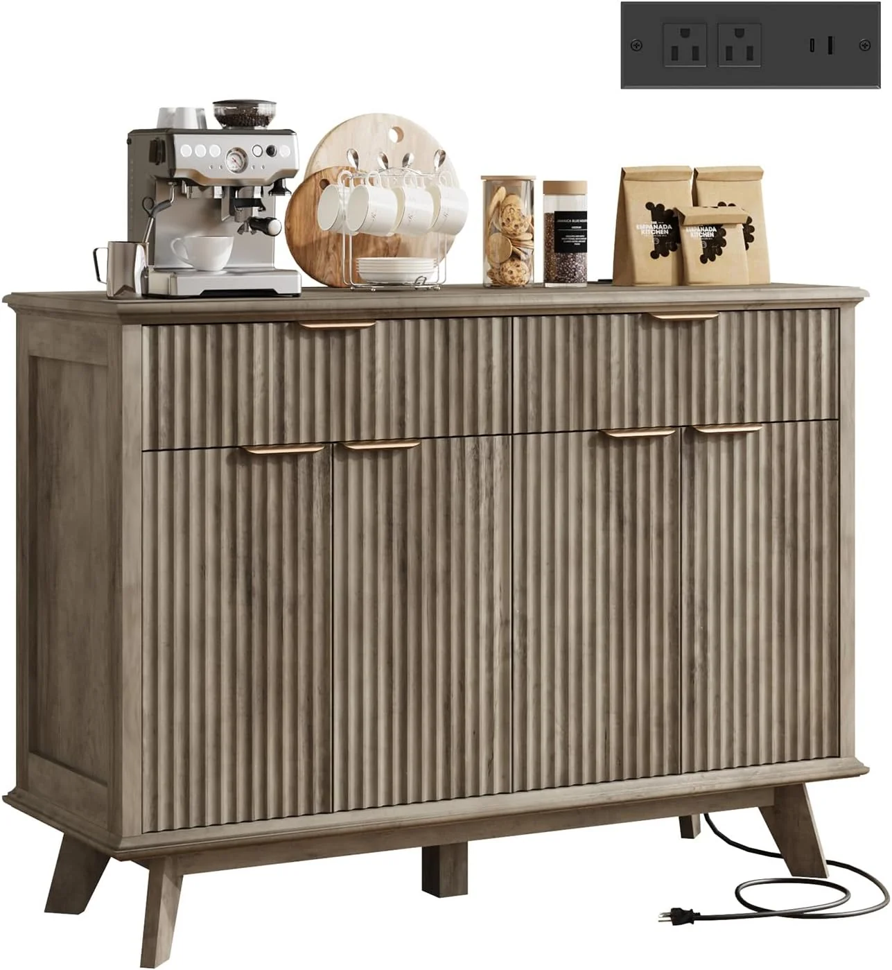 Sustainable QUW Fluted Buffet Sideboard Cabinet with Storage 47.2 Kitchen Cabinet with Drawers and Adjustable Shelves Modern Coffee Bar with Charging Station Easy-to-Use