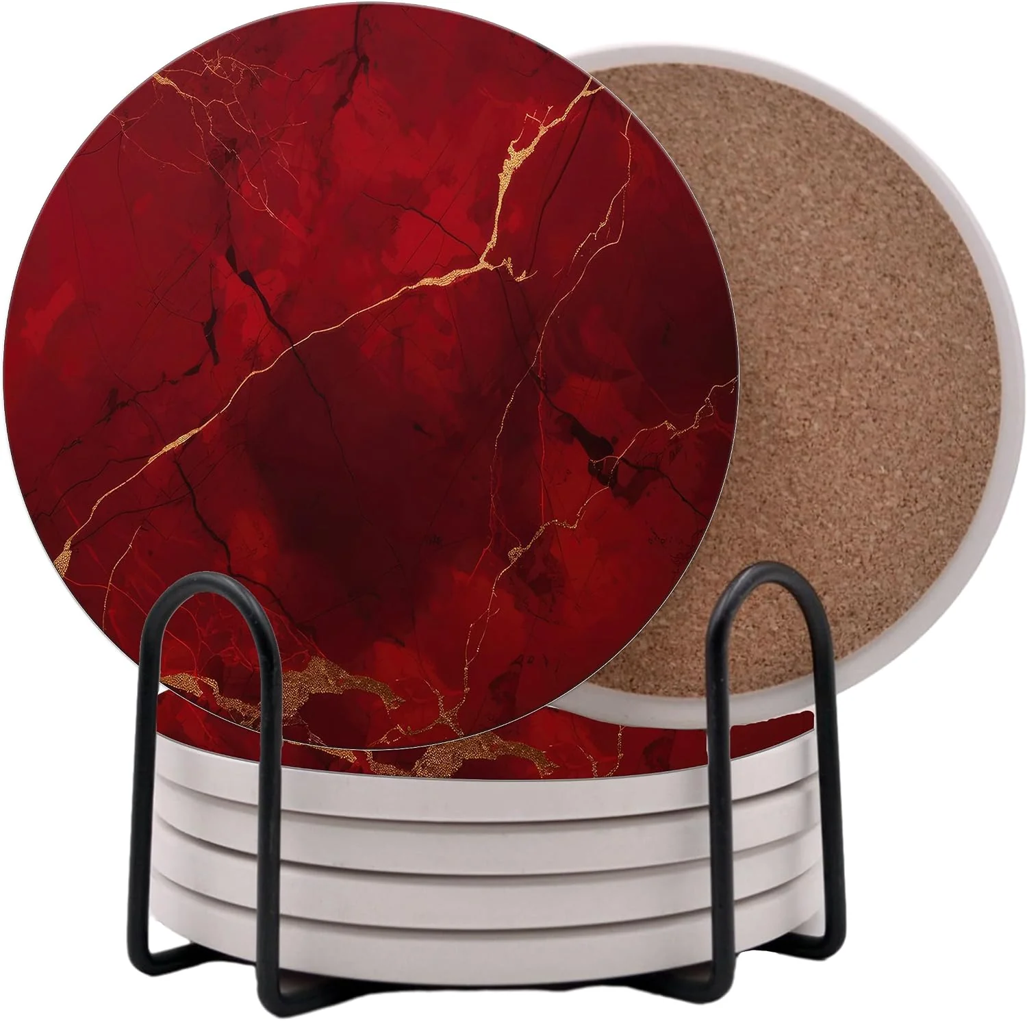 Fine Crafted Dark Red Agate Marble Round Coasters Set of 6 – Abosrbent Ceramic Coasters with Metal Stand for Drinks Coffee Non-Slip Cork Back for Tabletop Protection 4 Inches Marbled Pattern Dark Marble Certified