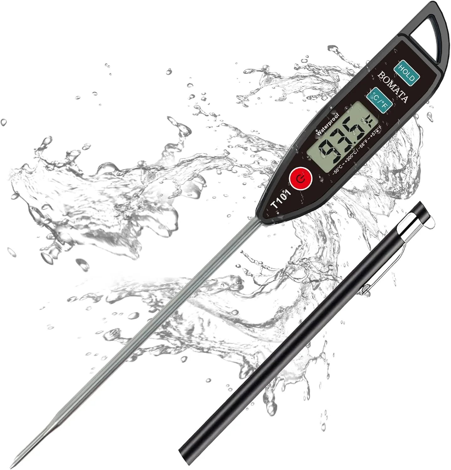 Next-Generation BOMATA Digital Water Thermometer for Liquid Meat Cooking IPX7 Waterproof Instant Read Food Thermometer 5in Long Probe for Candle Water Meat BBQ T101 Black Color … Fine