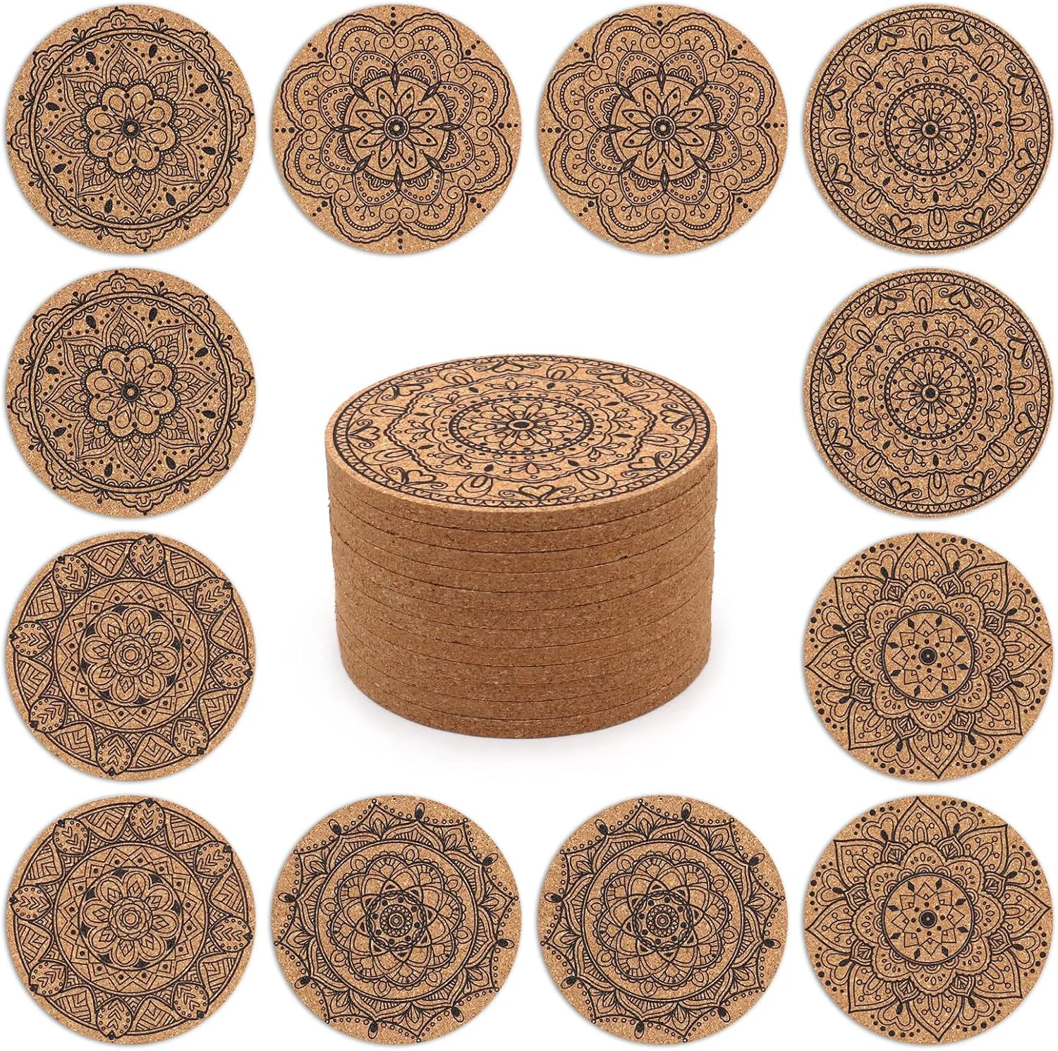 Solid Cork Coasters for Drinks Absorbent Non Slip 12pcs 4 Inch India Coaster for Coffee Table Housewarming Gifts for New Home Present for Friends Living Room Decor Apartment Decor Elegant Functional