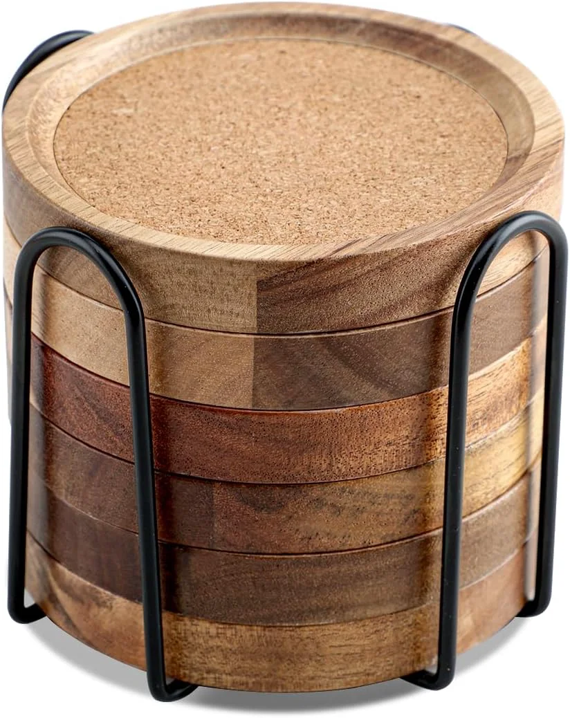 Clean Coasters for Drinks Absorbent with Holder Acacia Wood Cork Coaster for Coffee Table Wooden Table Coaster for Farmhouse Desk Extra Large Coasters Classic