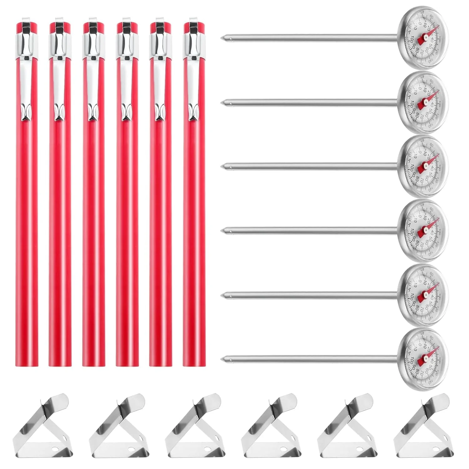 High-Quality 6 Pack Immediate Read Pocket Thermometer 1 Inch Stainless Steel Dial Food Thermometer with 6 PCS Red Plastic Sleeves of Thermometers and 6 PCS Clips High-End