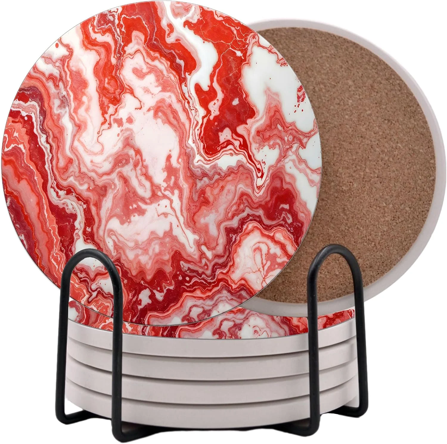 Smooth Light Red Agate Marble Round Coasters Set of 6 – Abosrbent Ceramic Coasters with Metal Stand for Drinks Coffee Non-Slip Cork Back for Tabletop Protection 4 Inches Marbled Pattern Light Responsible