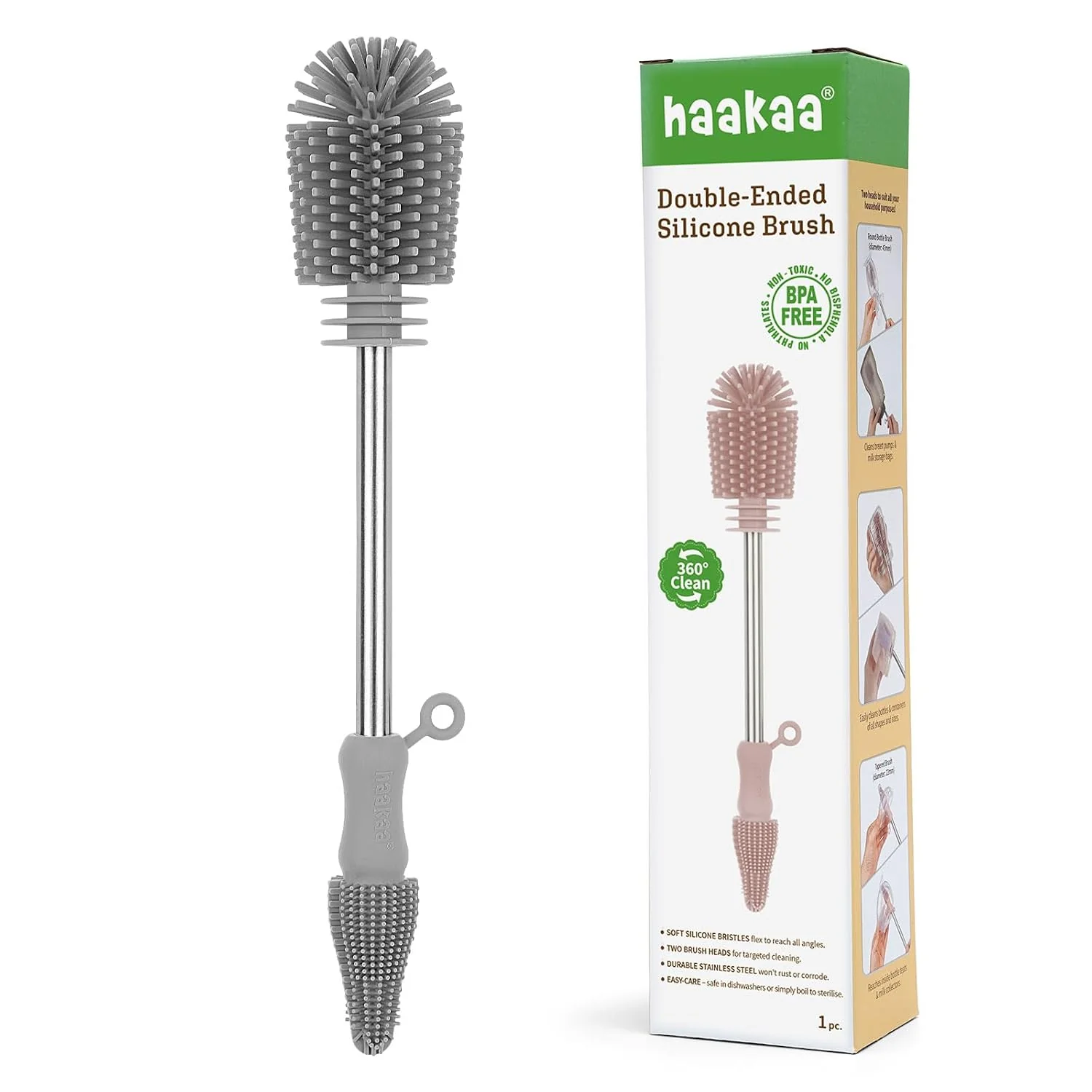 Long-Lasting Haakaa Silicone Cleaning Brush for Baby Bottles and Crevices Double-Ended Bottle Brush for Breast Pumps Milk Collectors Nipples and Breastmilk Storage Bags Food-Grade Silicone SUVA Grey 1 Pack Environmentally Friendly
