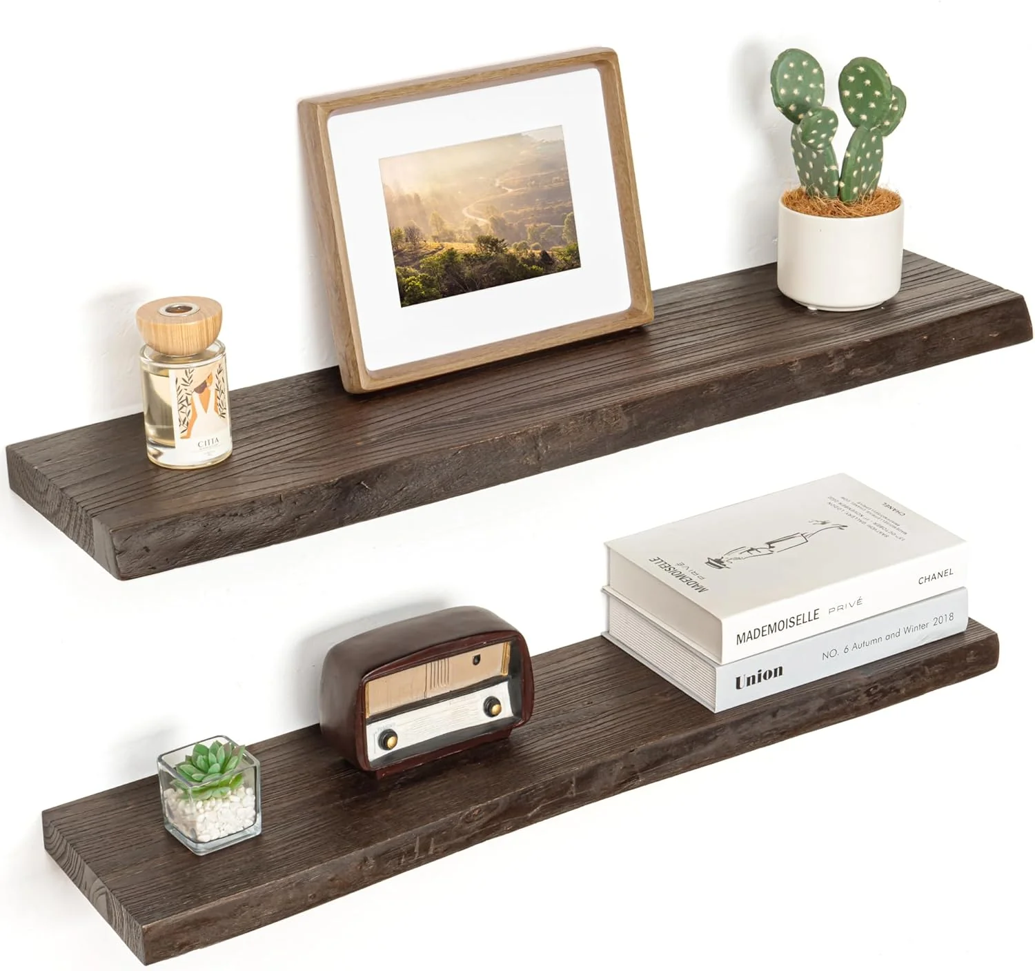 Eco-Friendly Floating Shelves for Wall Decor Rustic Solid Elm Wood Live Edge Floating Shelves Wall Mounted Wall Shelves with Invisible Bracket for Living Room Bathroom Bedroom Kitchen 32 Inch Set of 2 Walnut Luxury