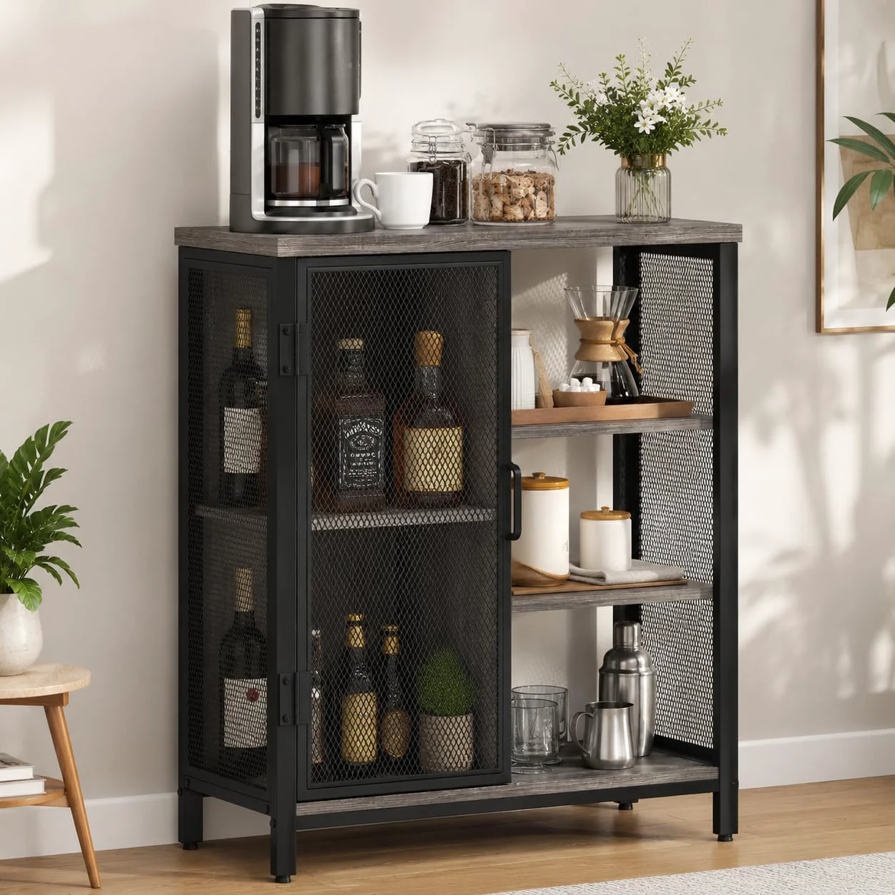 Classic BON AUGURE Liquor Cabinet Bar for Home Coffee Storage Cabinet Adjustable Shelves Small Wood Sideboard Buffet Station Cabinets with Door for Kitchen Dining Entryway Dark Grey Oak 36 Responsible