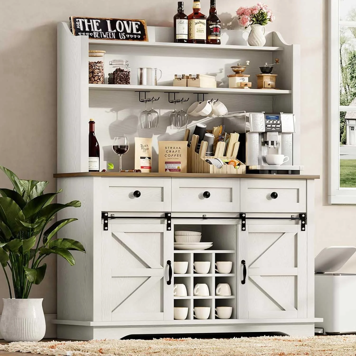 Casual 63 Inch Coffee Bar Cabinet with 3-Tier Storage Kitchen Storage Cabinets with 3 Drawers Farmhouse Coffee Bar with 9 Racks 3 Glass Holders Safe