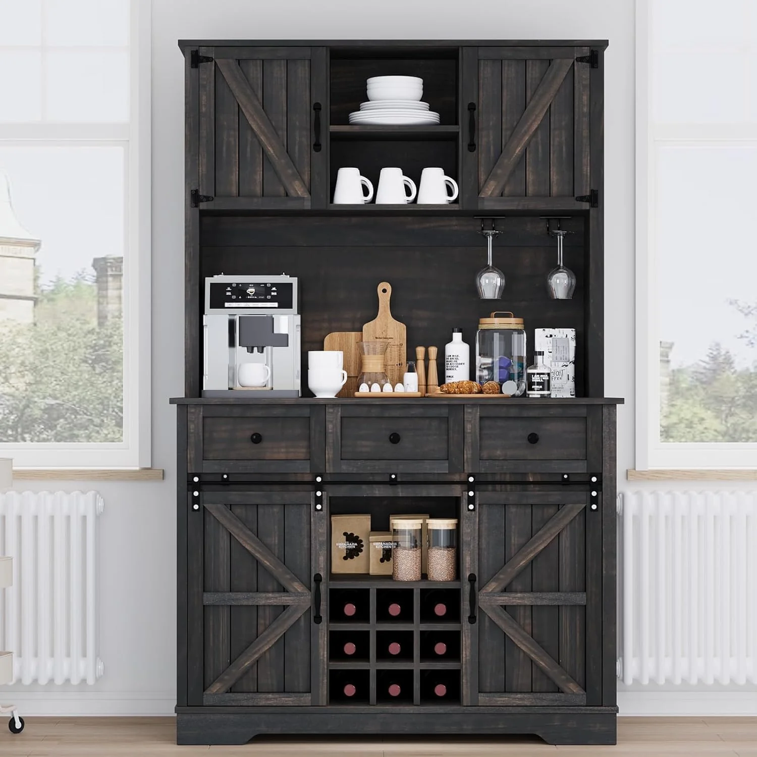Top-Quality 4 Ever Winner 72 Coffee Bar Cabinet with Sliding Barn Door Wine Racks Hutch Cabinet with Storage and 3 Drawers Genuine