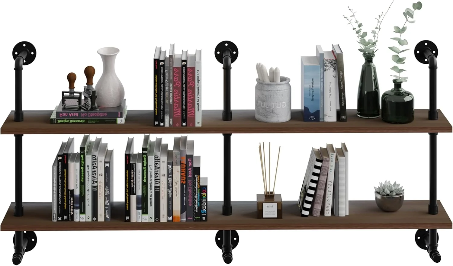 Luxury Industrial Pipe Wall Shelves Pipe Shelving with Wood Plank 60 Inches Floating Shelves for Wall Farmhouse Pipe Book Shelves Dark Brown 2 Tier for Refined