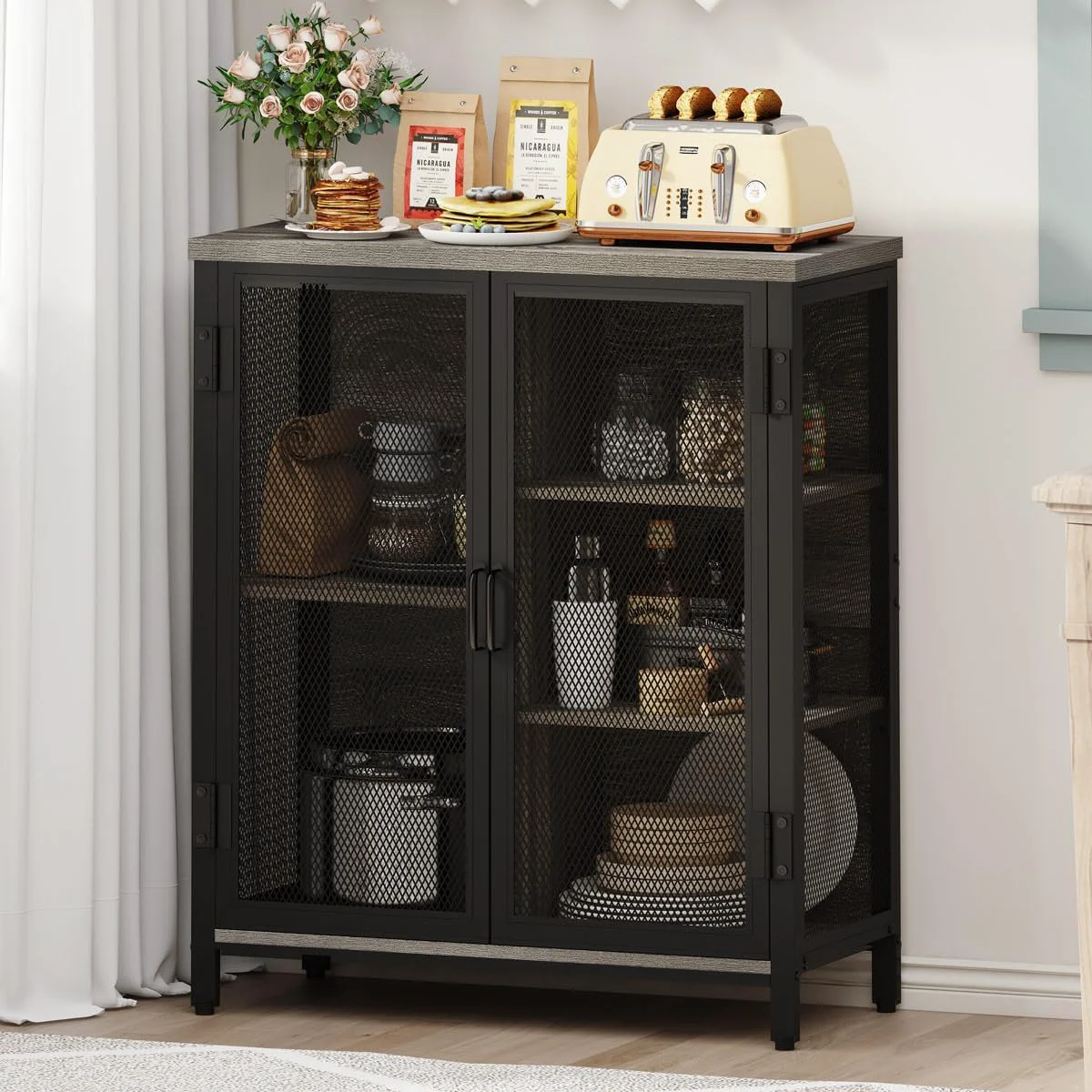 Relaxed BON Augure Small Coffee Bar Cabinet for Liquor Farmhouse Storage Cabinet with Doors Wood Sideboard Buffet Cabinets for Home Kitchen Dining Room Durable
