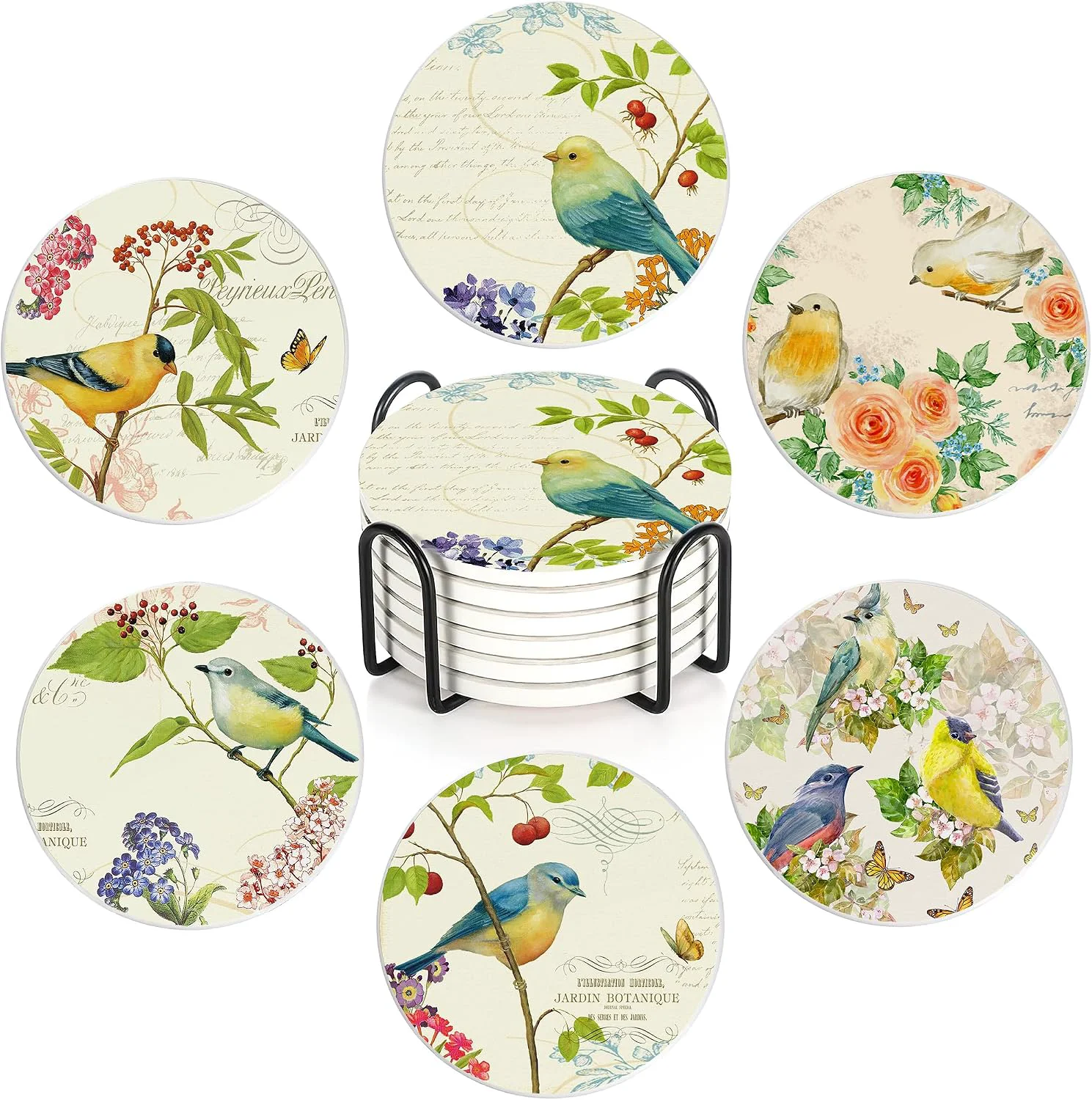 Comfortable Coaster for Drinks Set of 6 Vintage Watercolor Bird Flower Absorbing Round Ceramic Stone Coaster with Cork Base Tabletop Protection Mat for Mugs and Cups Coffee Table Wine Glass Home Bar 4 Inch Versatile