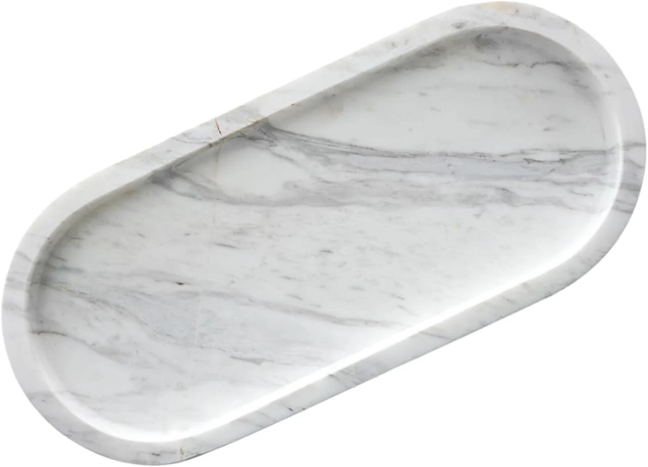 Classic Bathroom Vanity Tray Large Natural Marble Oval Sink Tray 10 Inch Jazz White Limestone Dresser Tray for Soap Dispenser Modern Countertop Organizer Eco-Friendly