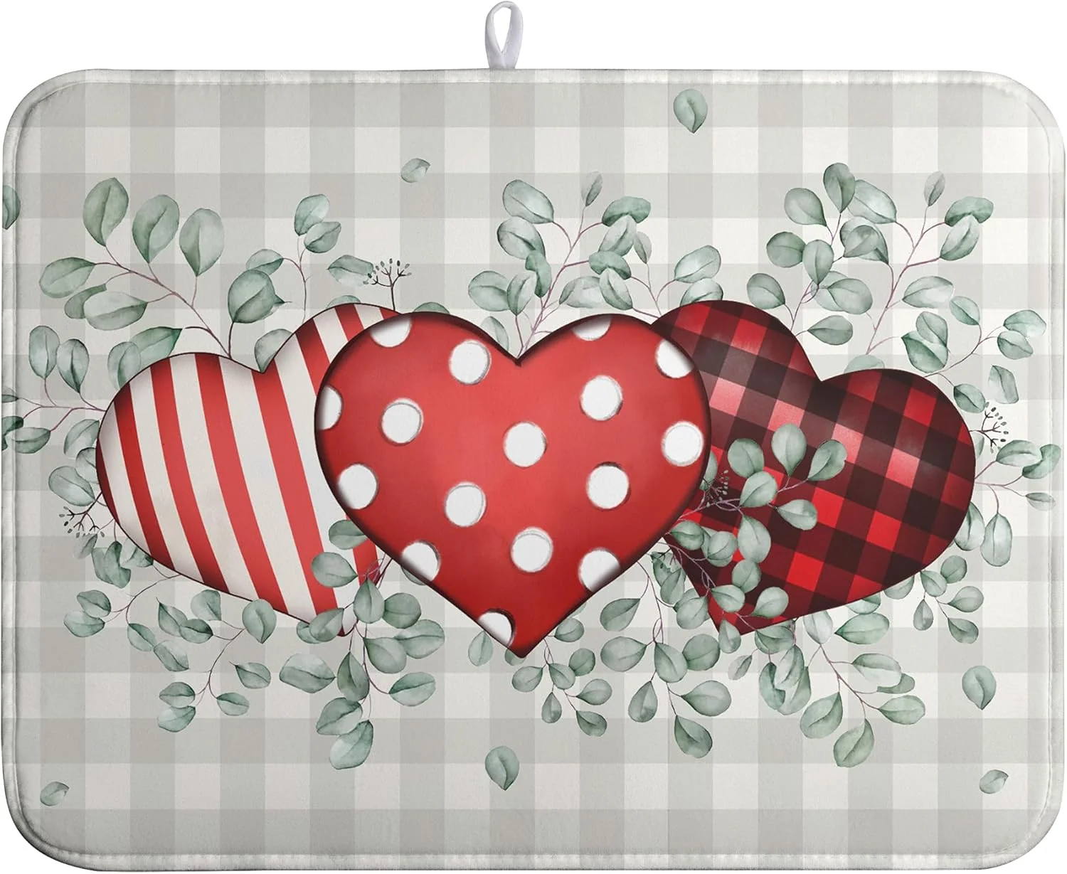 Original Valentines Day Dish Drying Mat Valentine Buffalo Plaid Eucalyptus Hearts Dishes Dryer Pad for Kitchen Countertops Microfiber 18×24 Inches High-Performance