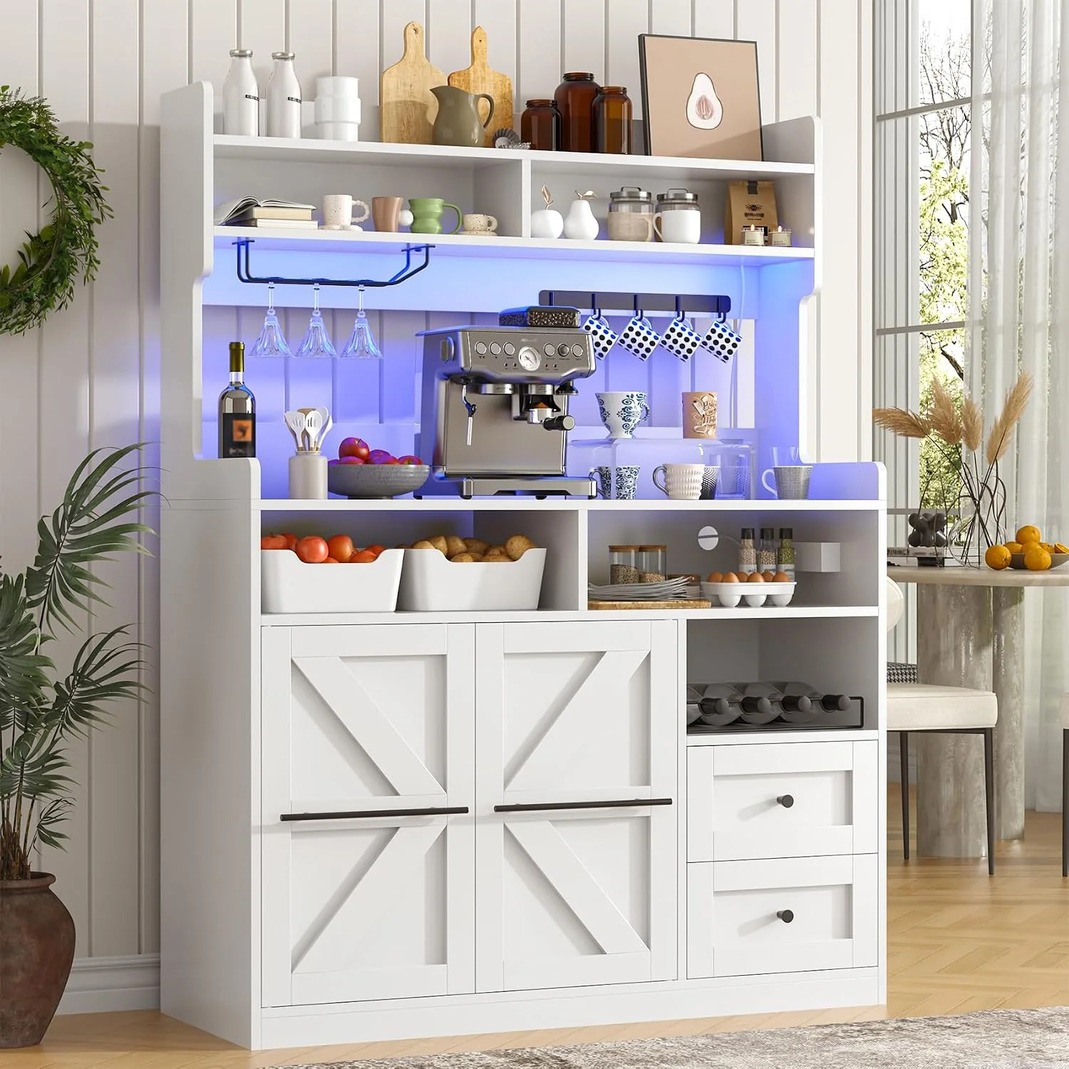 Artisan VVFLU Hutch Storage Buffet Cabinet with Drawers and Charging Station Coffee Bar Cabinet with Barn Doors Wine Rack and Hooks White Wood Sideboard Buffet for Kitchen Dining Room 54.5 High Prestigious