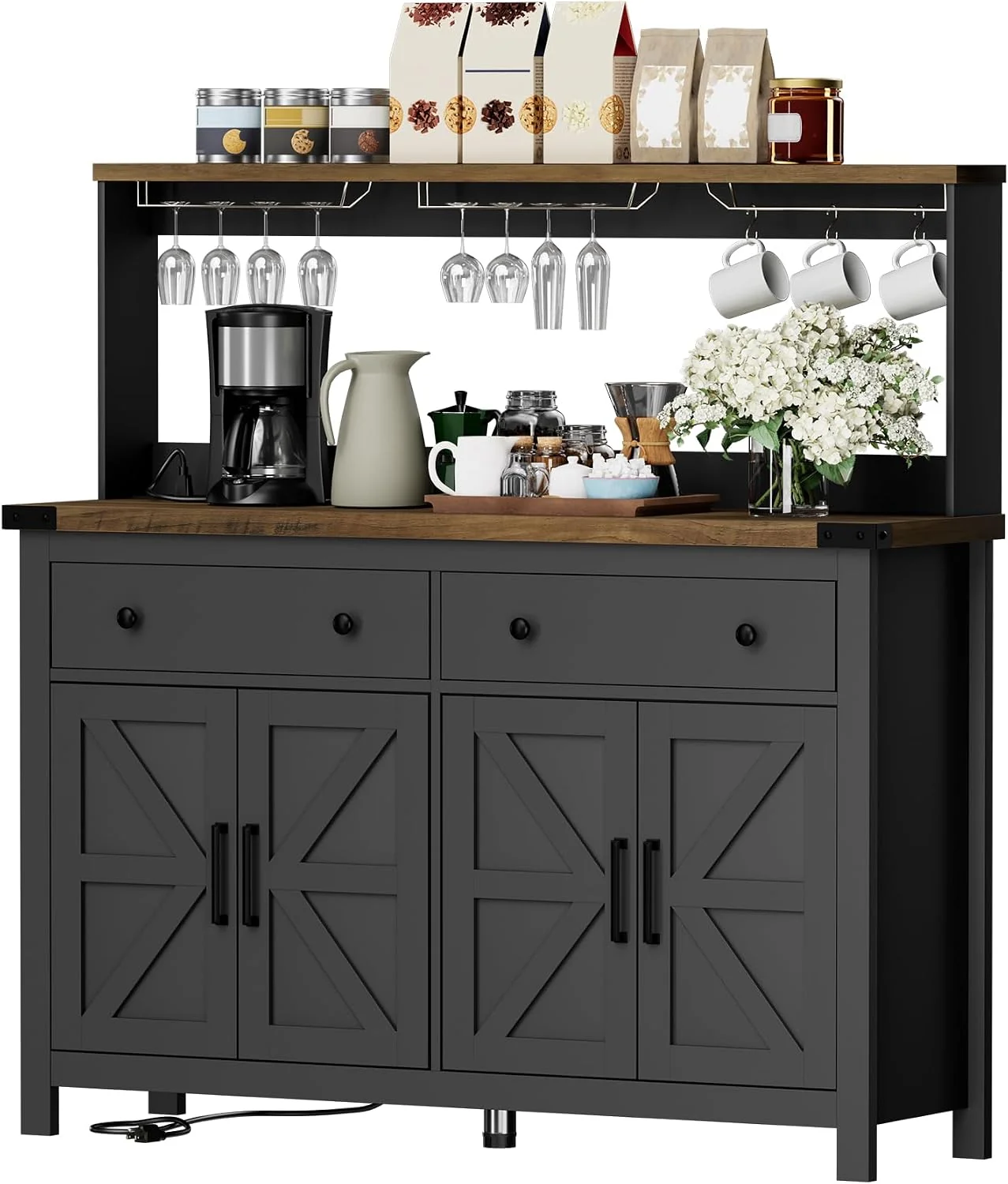 Solid VVFLU Hutch Storage Cabinet Buffet with Drawers and Charging Station Coffee Bar Cabinet with Barn Doors Wine Rack and Hooks Countertop Long Farmhouse Black for Kitchen Dining Room 54.1 High Flexible
