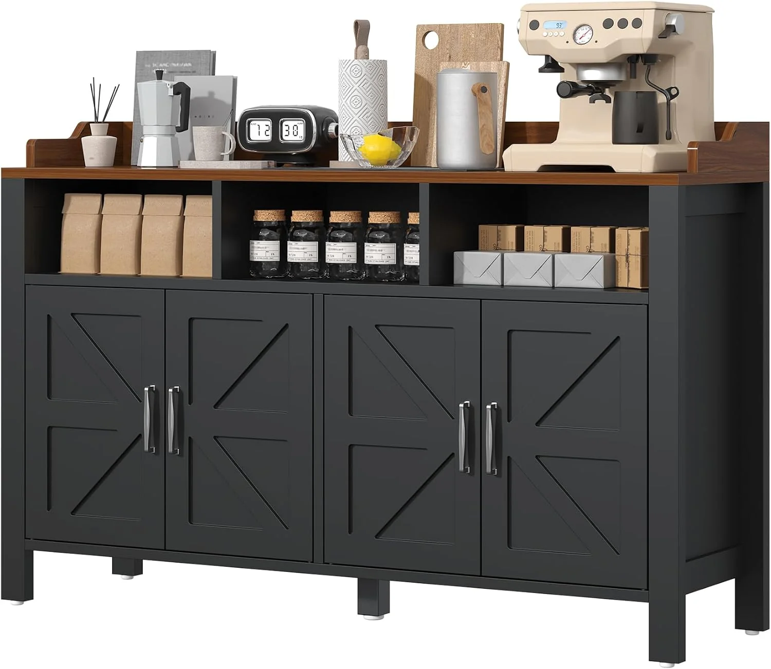 Original Buffet Cabinet with Storage Farmhouse with 4 Doors and 3 Open Compartments 55” Large Kitchen Storage Cabinet Black Wood Coffee Bar Buffet Sideboard Soft
