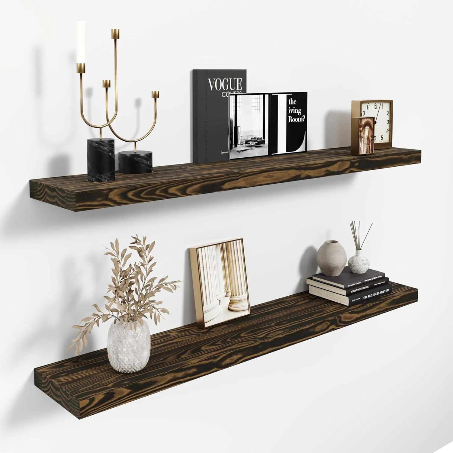 Superior 36” Pine Wood Floating Shelves for Wall- Set of 2 – Rustic Wall Mounted Wooden Shelf for Stylish Home Décor Dark Brown 36×6.5×1.25 Certified
