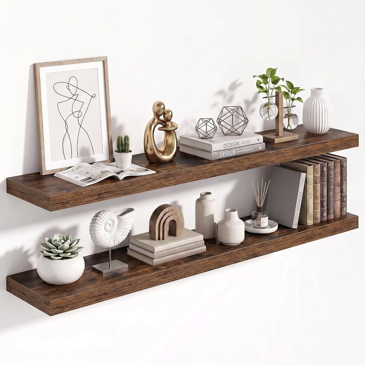 Fine 40 Floating Shelves for Wall Wooden Wall Mounted Shelf Set of 2 Brown Effective