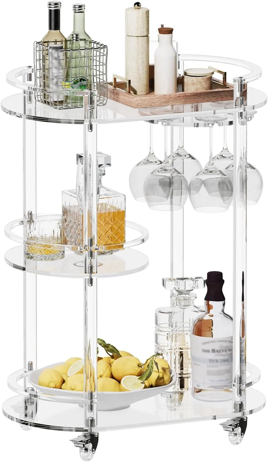 Sustainable HMYHUM Acrylic Bar Cart with 4 Lockable Wheels Clear Home Beverage Cart with Glass Holder 3-Tier Rolling Serving Cart for Kitchen Dining Room Modern Oval 15”D x 23.6”W x 32.3”H Next-Generation