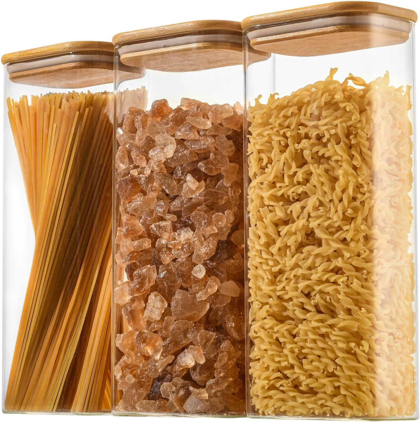 Pure 71oz Rectangle Airtight Glass Storage Containers with Bamboo Lids Set of 3 Square Food Storage Jar Pantry Organizers for Sugar Flour Recyclable