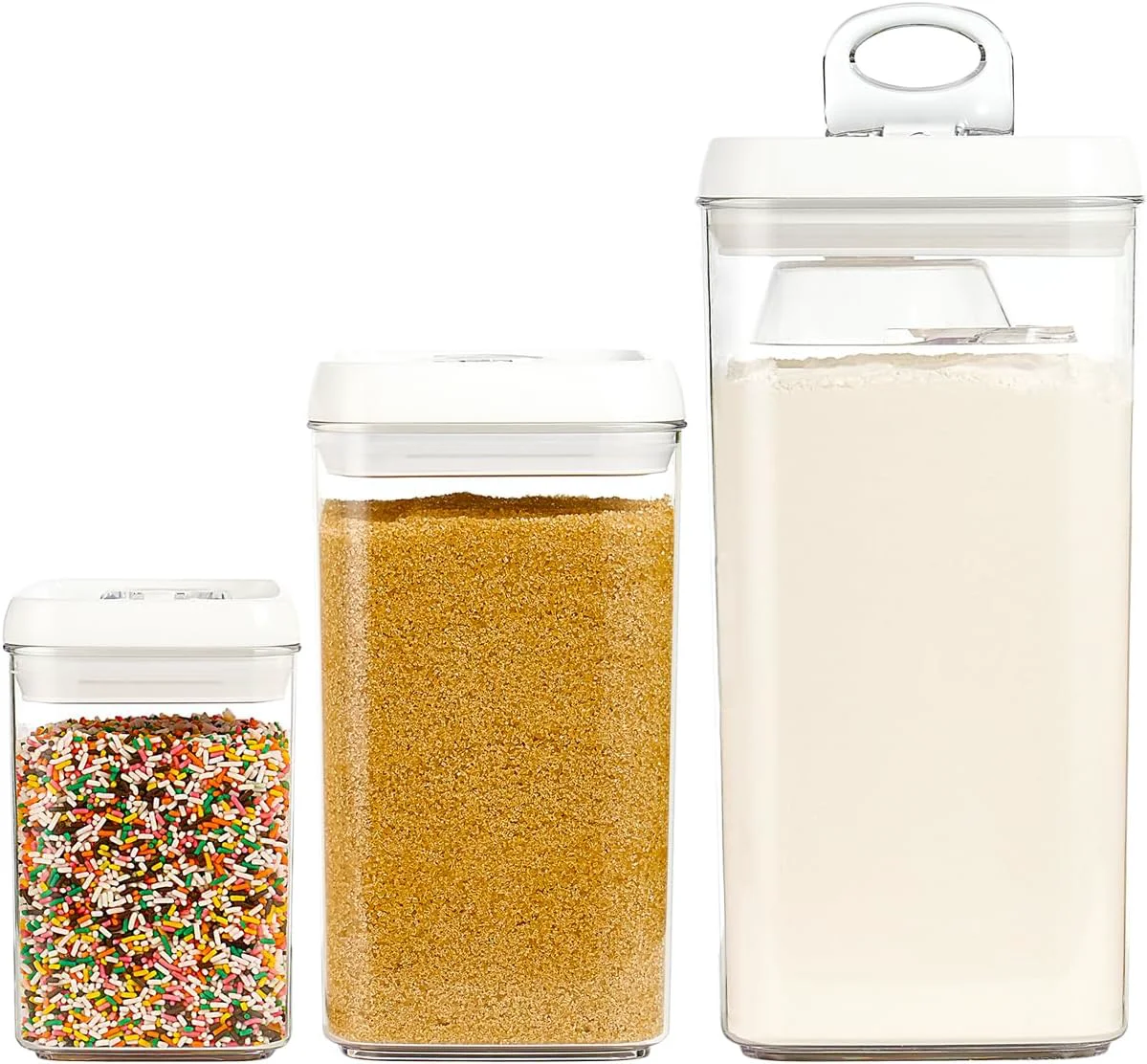 Healthy Felli Flip Tite Acrylic Food Storage Container with Lid 6 XL Air Tight Ring Seal Flip Top Plastic Kitchen Baking Canister for 5 lb Flour Sugar Rice Protein Powder Pantry Organizer Nest-M White Efficient