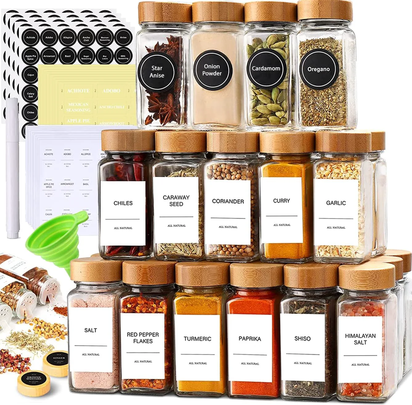 Crafted Set of 24 Glass Spice Jars with Various Labels Bamboo Shaker Lids Funnel Kitchen Storage Jars with Airtight Lid Fast