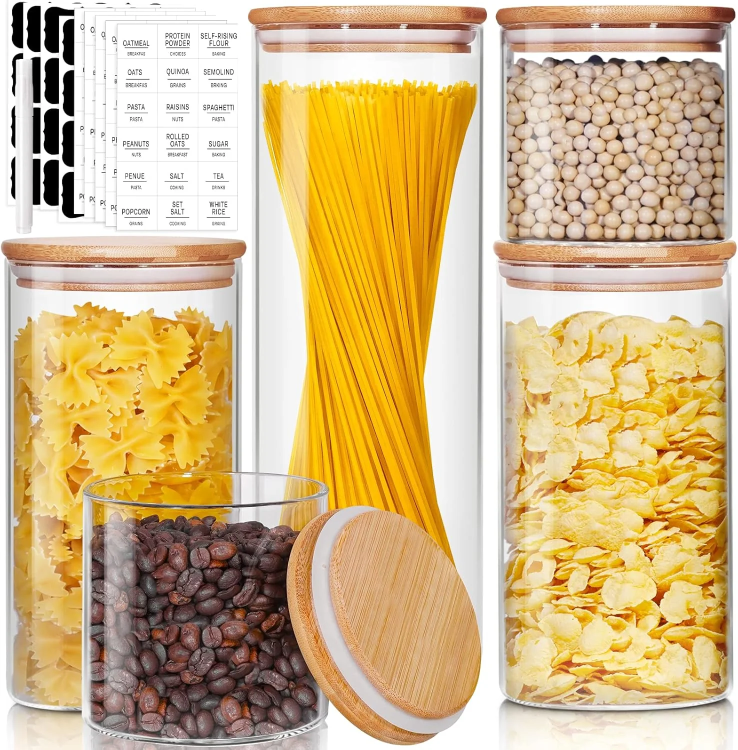 Premium Glass Jars with Bamboo Lids Muti Size Set of 5 Glass Canisters with Airtight Lids Glass Food Storage Containers for Pasta Oats Coffee Flour Trendy