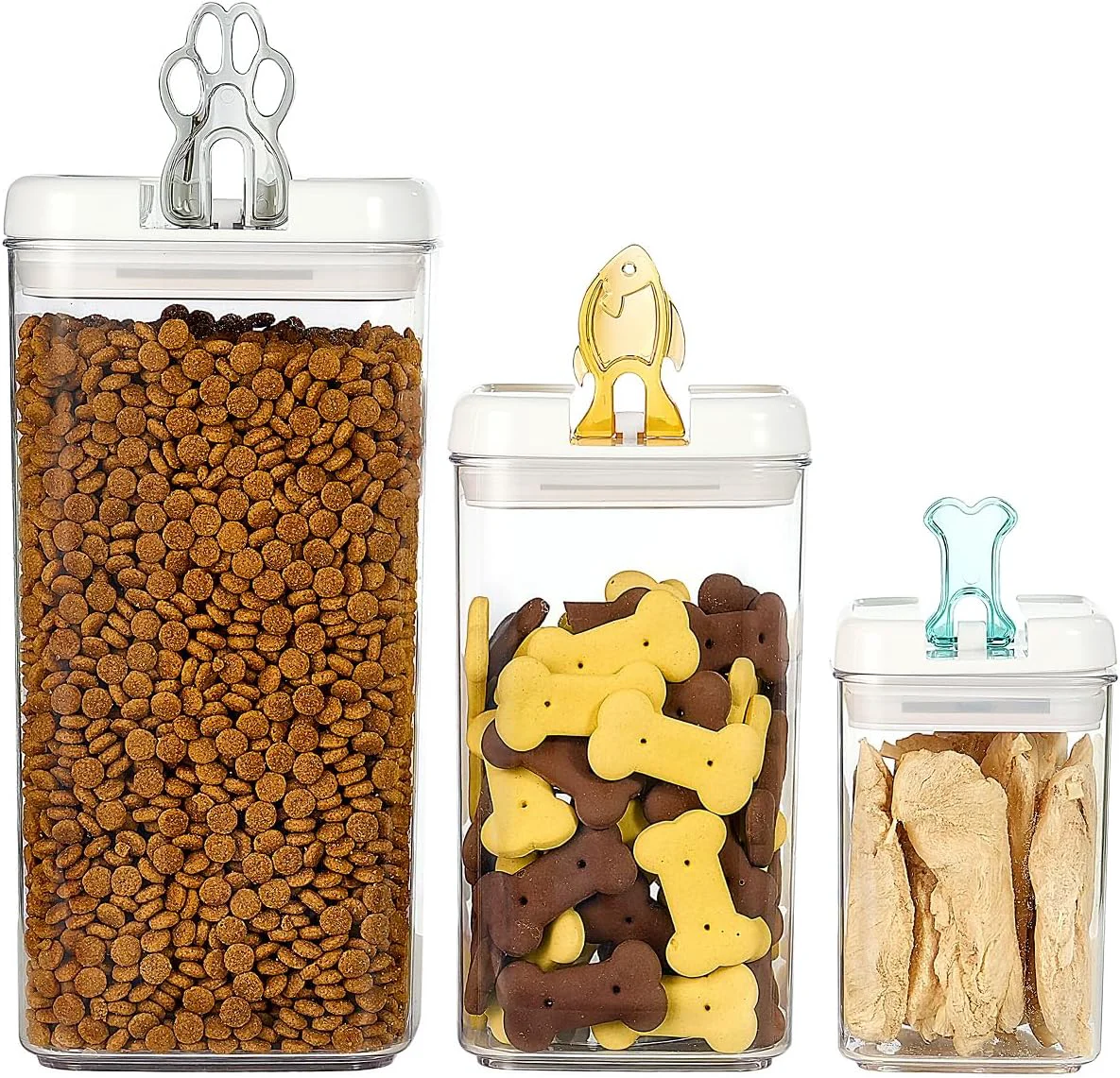 Refined Felli Flip Tite Pet Food Container with Airtight Lids BPA Acrylic Canister with Paw Bone Fish Flip Top Handles for Cat Dog Kibble Treats Superior