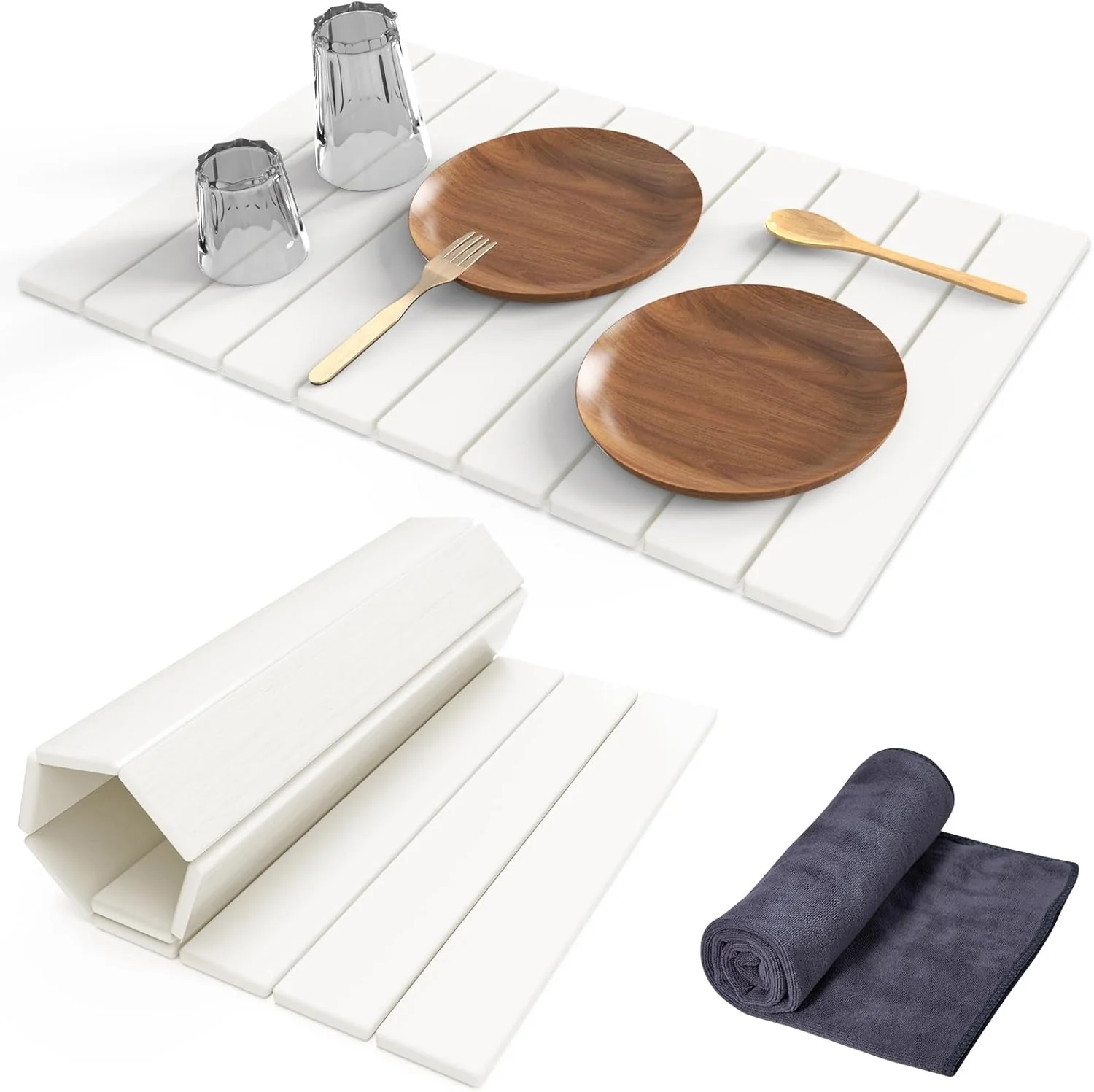 Enhanced Stone Dish Drying Mat for Kitchen Counter 24 L ×16 W Collapsible Fast-Drying Diatomaceous Earth Mats with Towel Sanding Tool Luxury