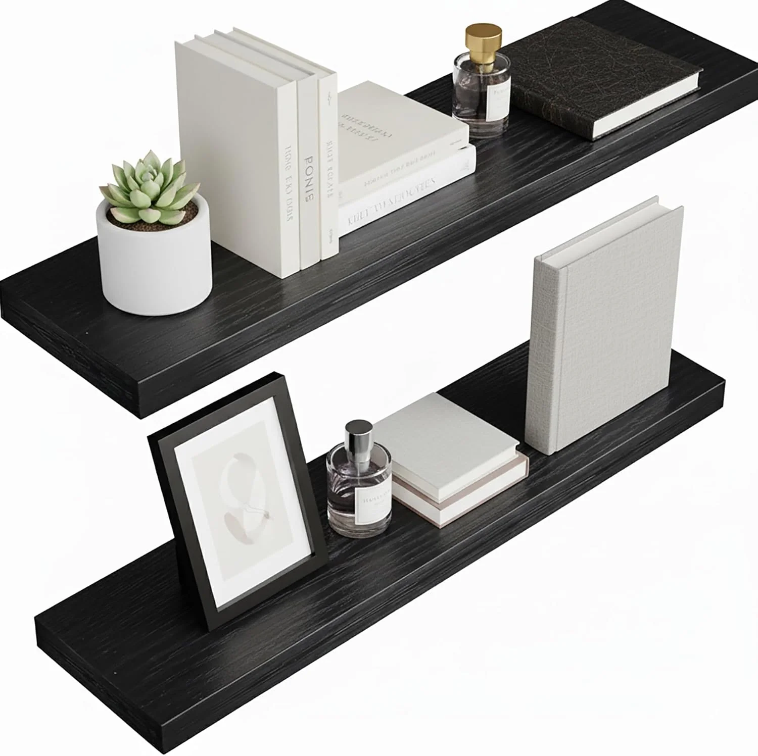 Organic Lufia Floating Wall Shelves Set of 2 MDF with Invisible Brackets Modern Storage for Bedroom Bathroom Living Room Kitchen Black Breathable