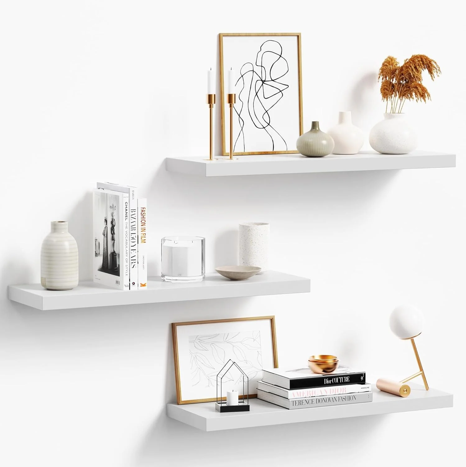 Eco-Friendly 3-Pack 24 White Modern Wooden Floating Shelves Wall Mounted Set of 3 6.7 W x 24 L x 1 H 25lbs Load Capacity Each for Bathroom Kitchen Living Room Bedroom Efficient