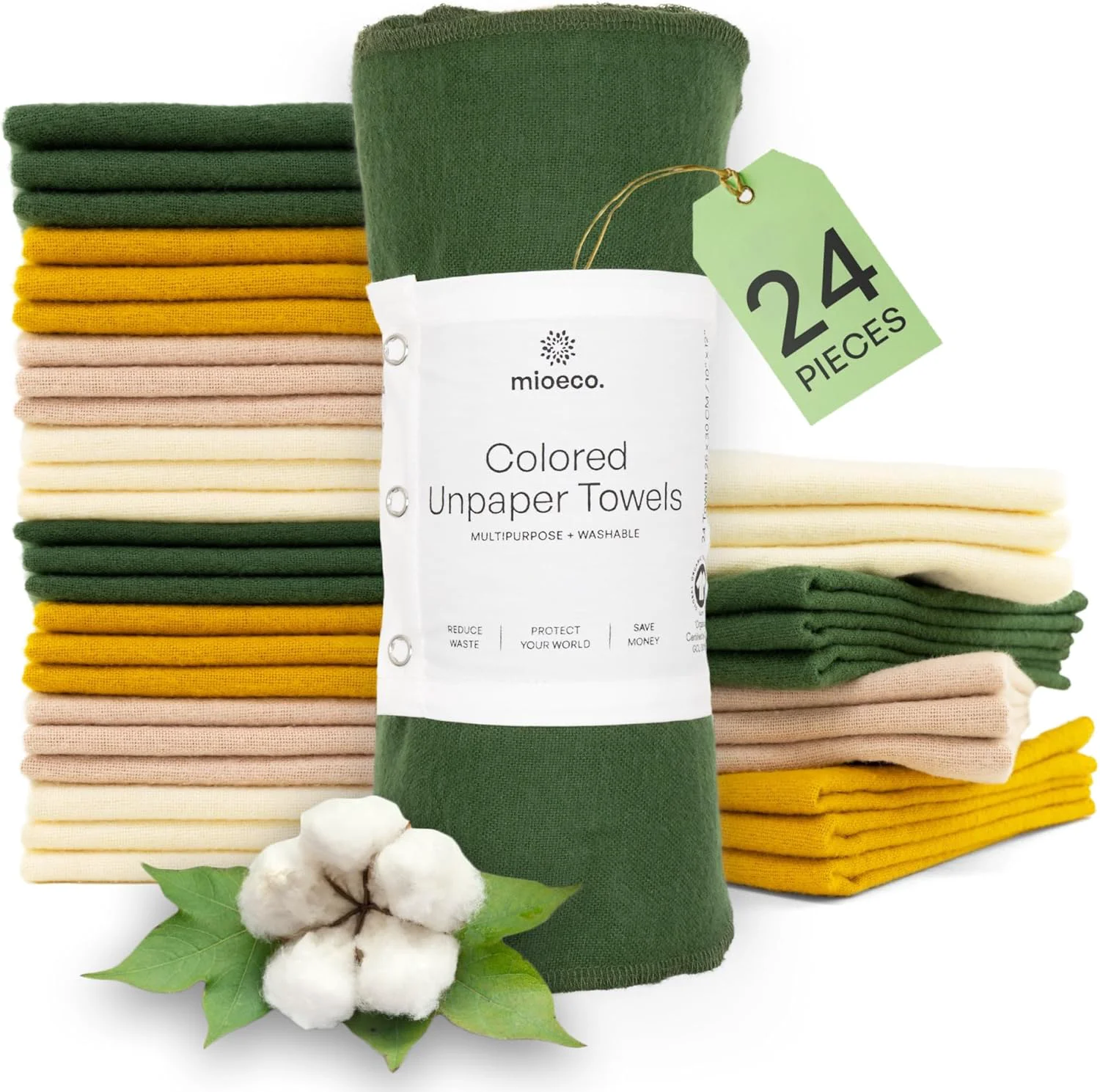 Breathable 24 Pack Multicolored Reusable Paper Towels – Nature Friendly – Organic Cotton – Thick Strong Paperless Kitchen Dish Cloths Casual