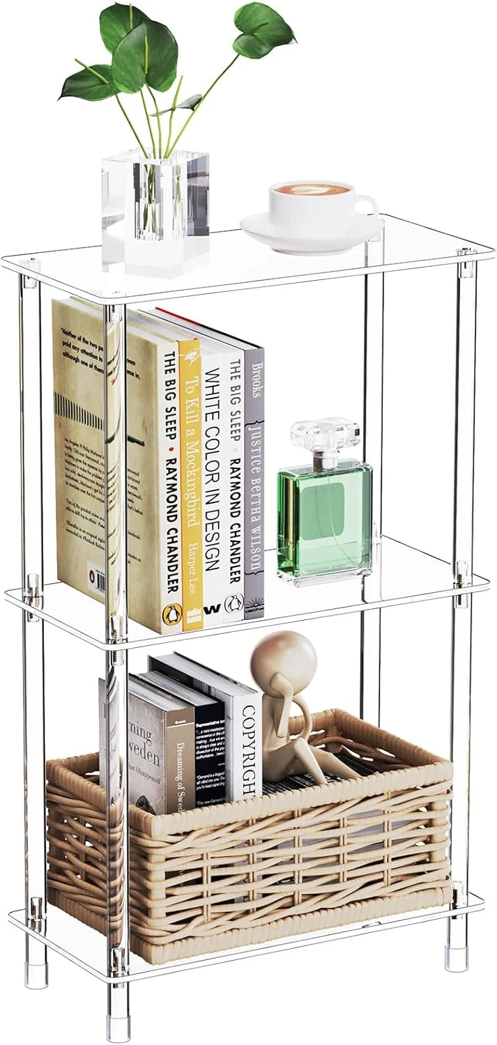 Natural Clear Acrylic Narrow Side Table for Small Spaces 15.75 L x 7.87 W x 26.7 H 3 Tier Rectangle Slim End Table Nightstand Elegant