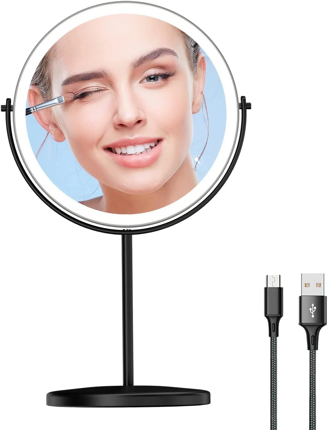 Next-Generation 8 Lighted Makeup Mirror 1X 10X Magnifying Mirror with Light Double Sided Vanity Mirror with Lights 3 Color LED Dimmable 2000mAh Rechargeable Black Soft