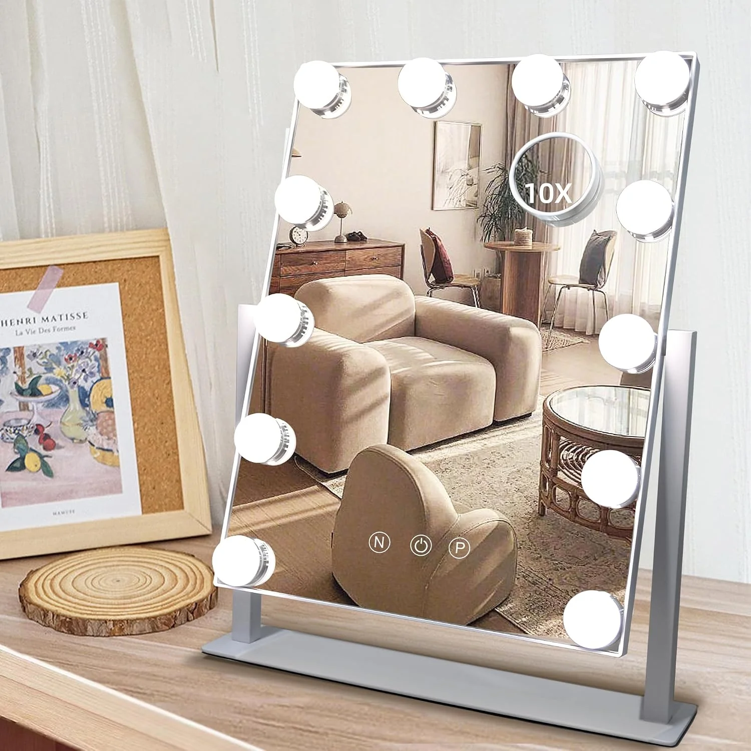 Breathable Makeup Vanity Mirror with Lights 10X White 17.12 x13.77 Vanity Mirror with Detachable 10X Magnification Mirror Rechargeable 3 Color Lights Touch Control Rotatable Original Design
