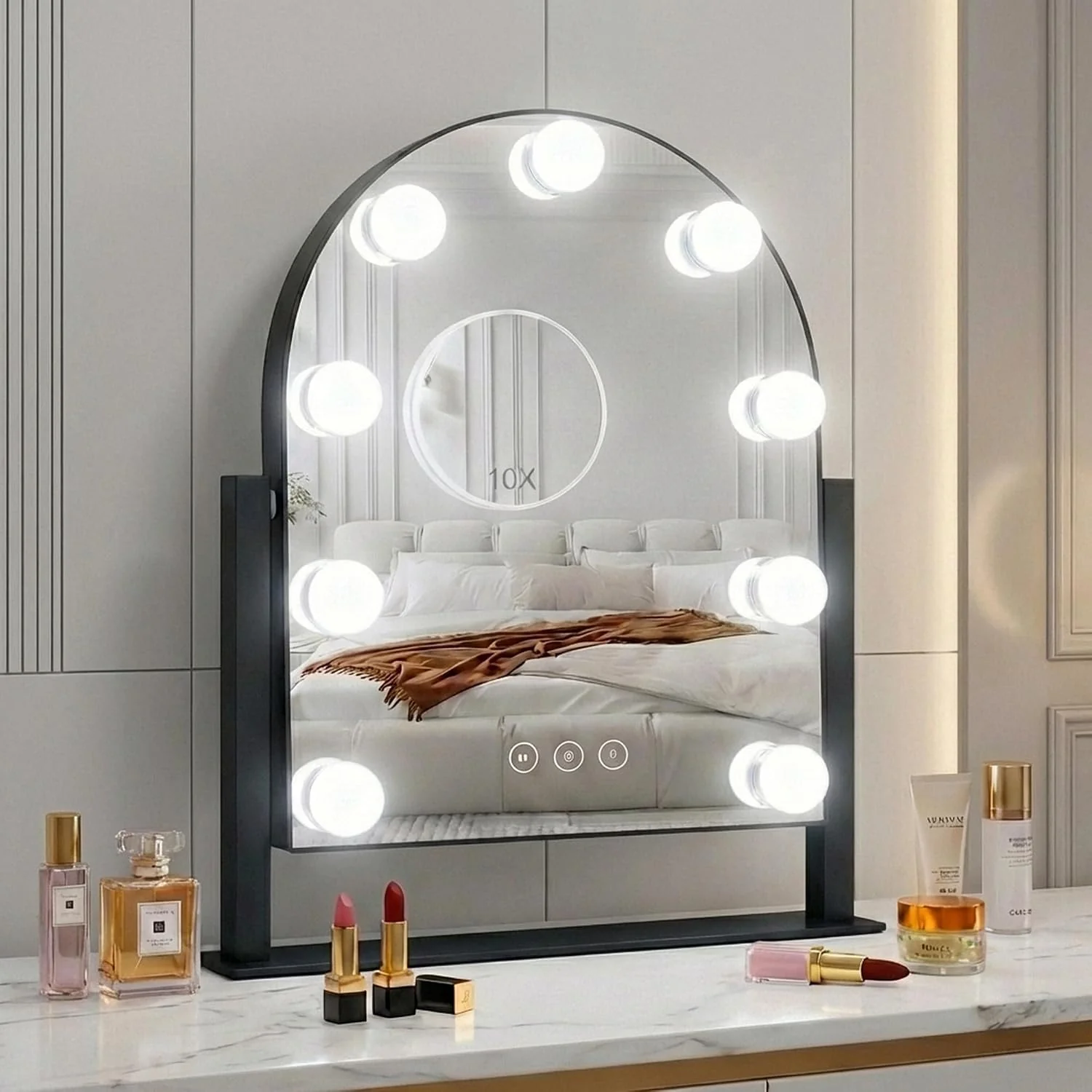 Fast Arched Makeup Vanity Mirror with Lights 10X Black 14.17 x11.81 Vanity Mirror with Detachable 10X Magnification Mirror Rechargeable 3 Color Lights Smart Touch 360‑Degree Swivel Luxury