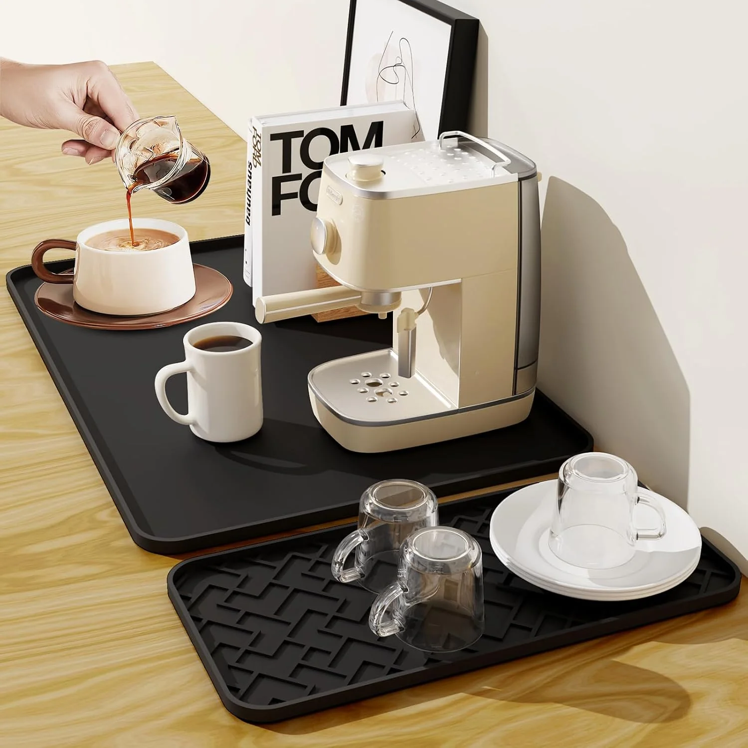 Minimalist Coffee Mat 19 x 12 Silicone Coffee Bar Mat Non-Slip Espresso Machine Mat with 0.44 Raised Edges Waterproof Heat Resistant Countertop Protector Dishwasher Safe Expertly Made