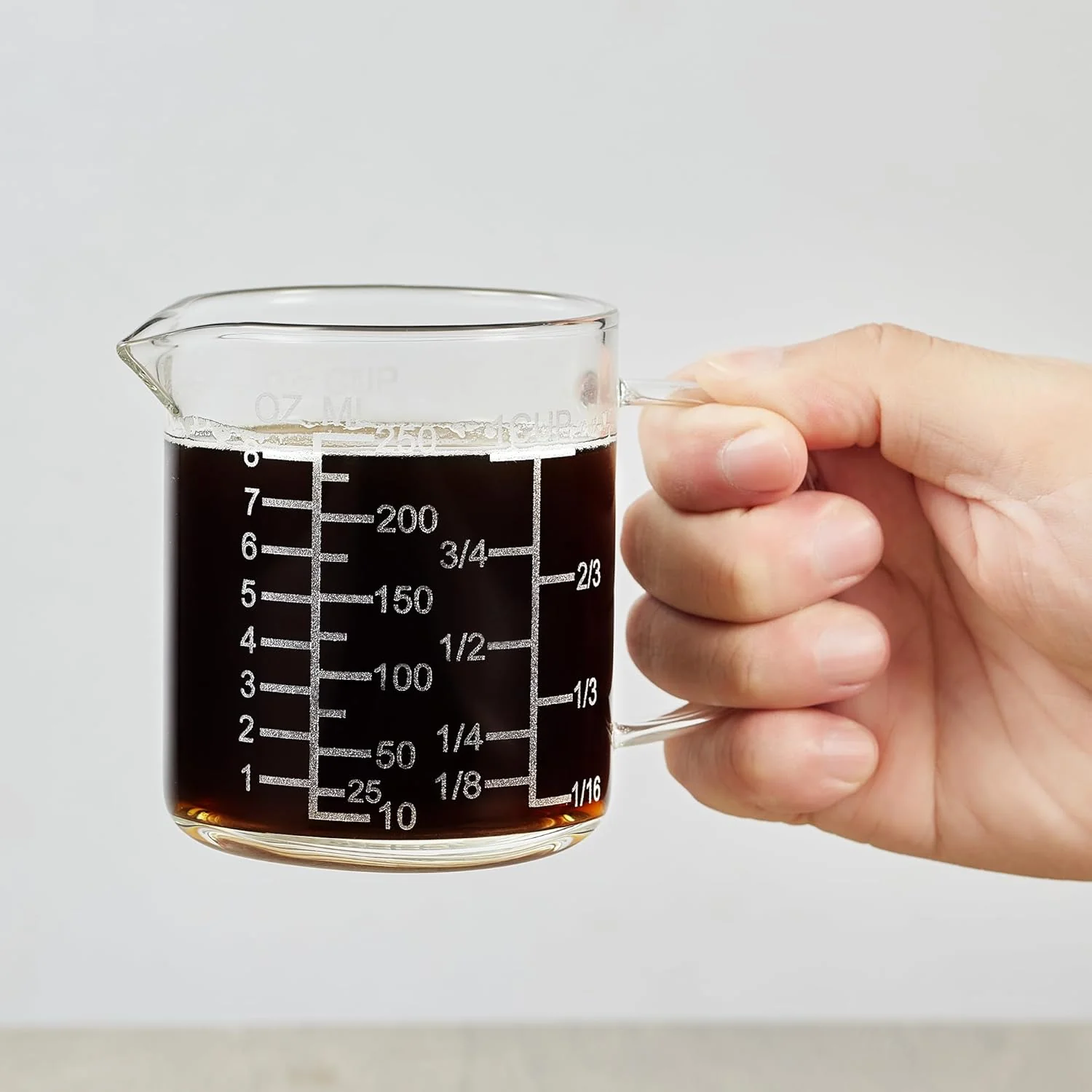 Exclusive Ackers Mirror Scale Glass Measuring Cup- Insulated handle V-Shaped Spout -Made of High Borosilicate Glass Measuring Cup for Kitchen or Restaurant Easy to Read 250 ML 8 Oz 1 Cup Functional