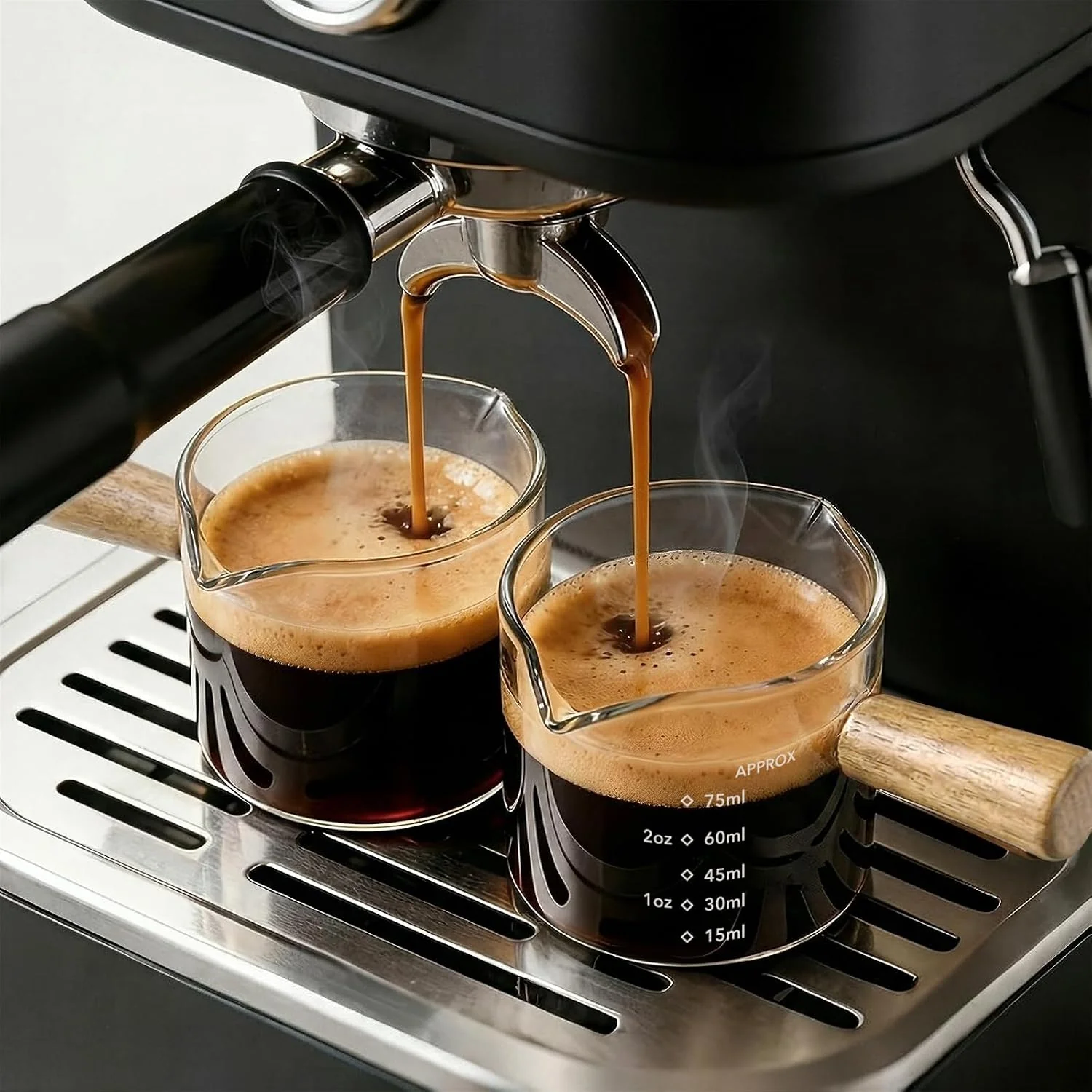 Innovative YARRAMATE 2.5oz Double Spout Espresso Shot Cups 2 Pack with Handle Borosilicate Glass Precision Pouring Heat Insulated Grip Dual-Scale Accuracy Easy to Rinse Clean Contemporary