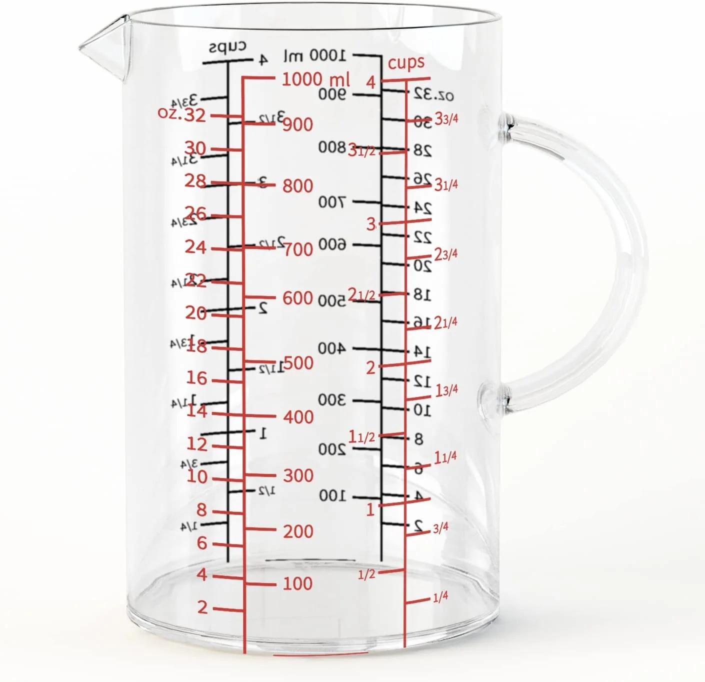 Lightweight 77L Glass Measuring Cup Double-Sided Measuring Scale Insulated handle V-Shaped Spout High Borosilicate Glass Measuring Cup for Kitchen or Restaurant Easy To Read 1000 ML 1 Liter 4 Cup Powerful