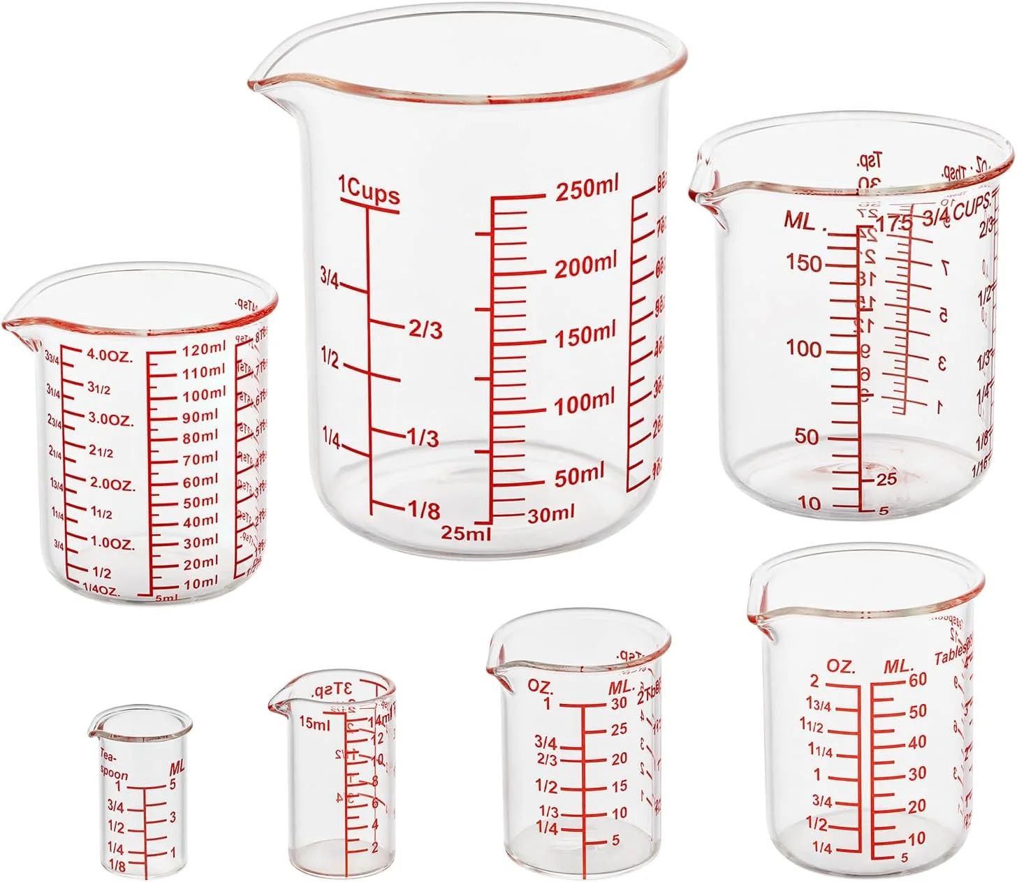Sophisticated Ackers 7-Piece Glass Measuring Cup Set Borosilicate Beaker Style Nesting Liquid Measuring Cups Secure